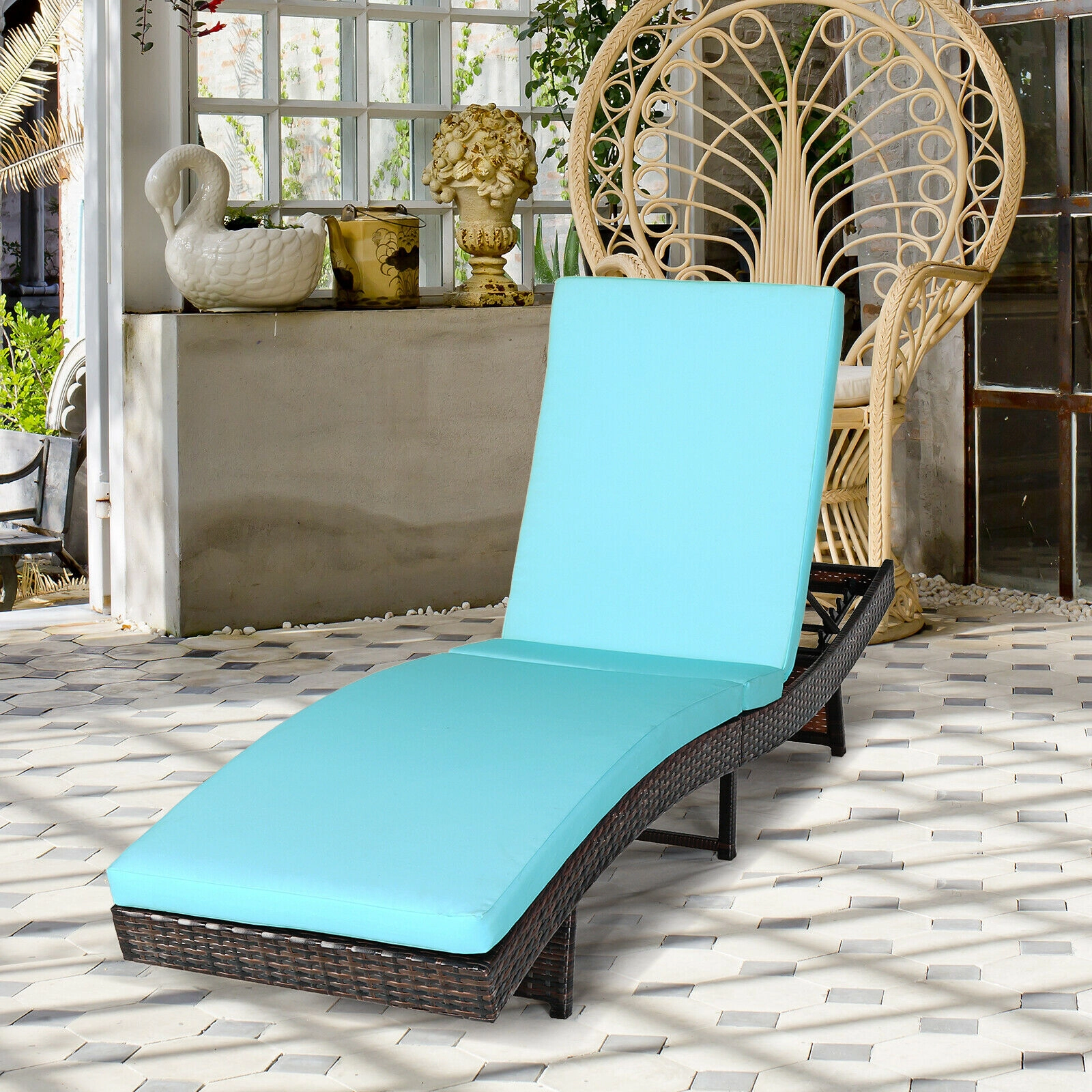 SUGIFT Folding Adjustable Chaise Lounge Chair with Cushion 400-Lb Capacity 5-Position Backrest White/Blue Turquoise