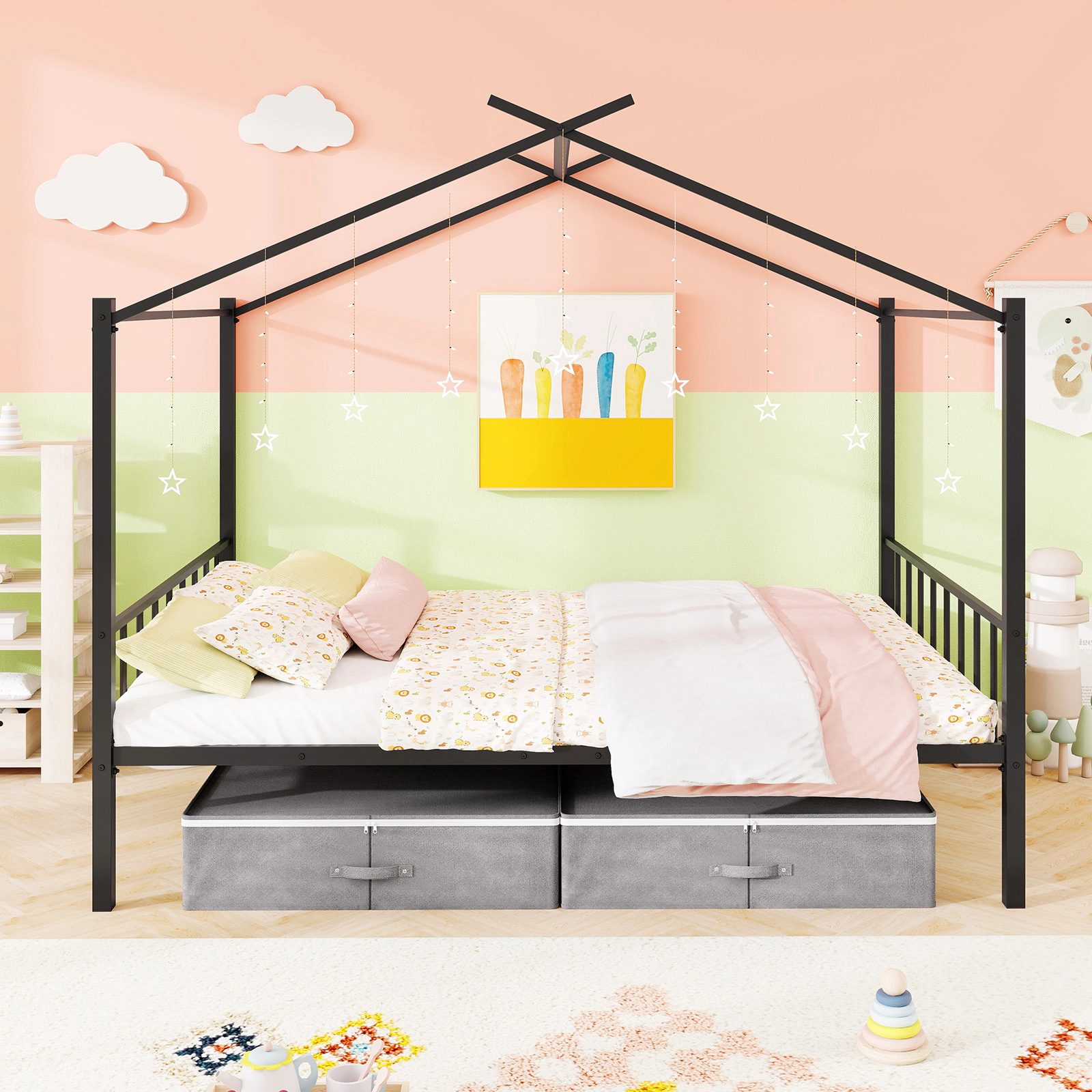 SUGIFT Full-Size Metal House Bed for Kids, 2 Zippered Drawers, Black