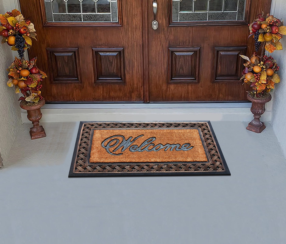A1 Home Collections Coir and Rubber Door Mat 38x23 Inches Anti-Shed Heavy Duty Non-Slip Check Border