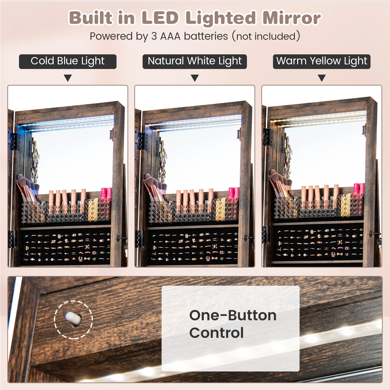 SUGIFT 64-in Lockable Jewelry Cabinet Armoire with Full-Length Mirror and Built-in Makeup Mirror Coffee