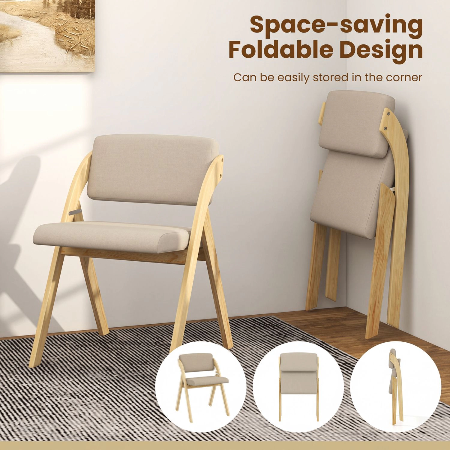 SlickBlue Unisex Set of 2 Folding Dining Chairs with Rubber Wood Legs