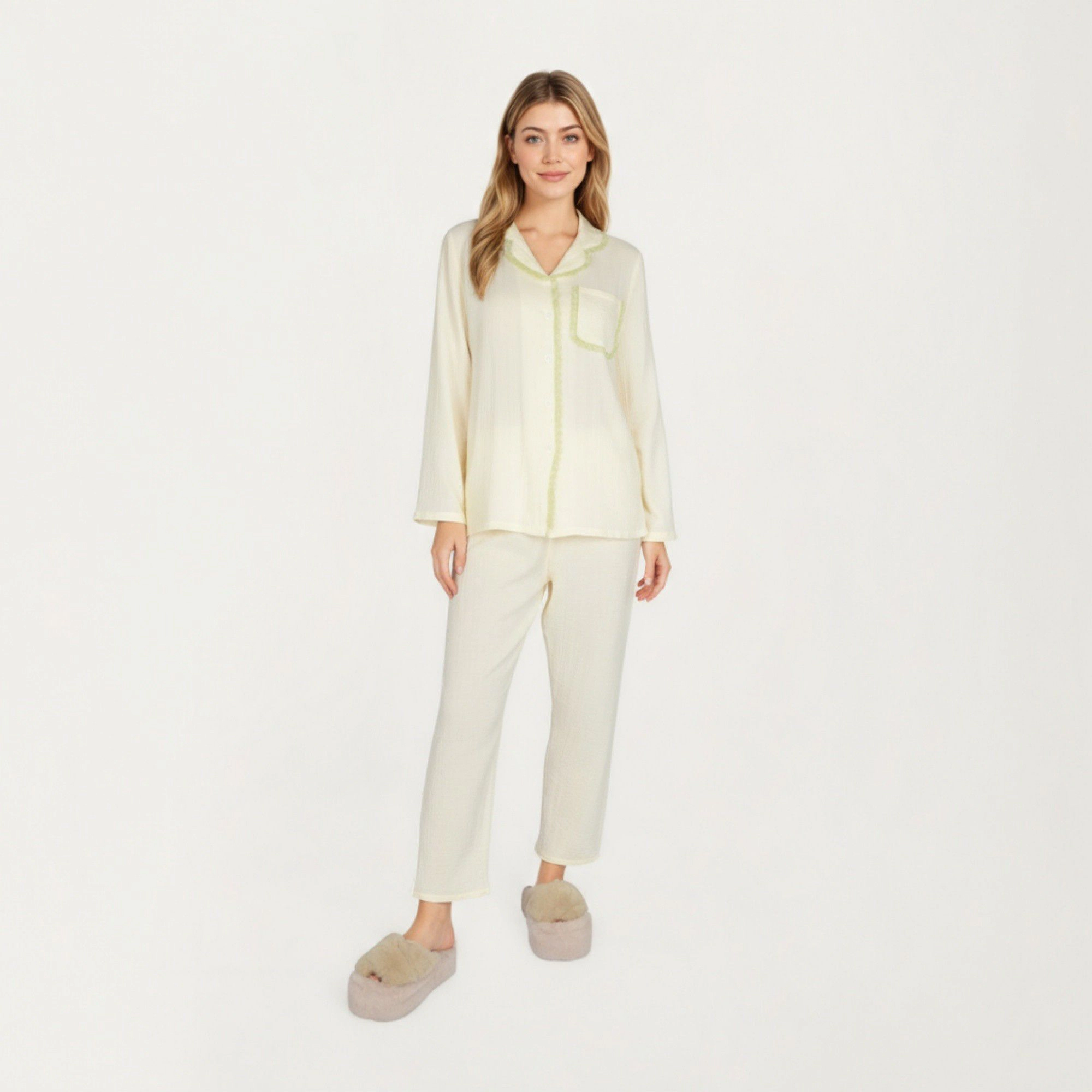 Anna-Kaci Women's 2-Piece Long Sleeve Button Front Pajama Top with Lace Trim Collar and Relaxed Fit Pants