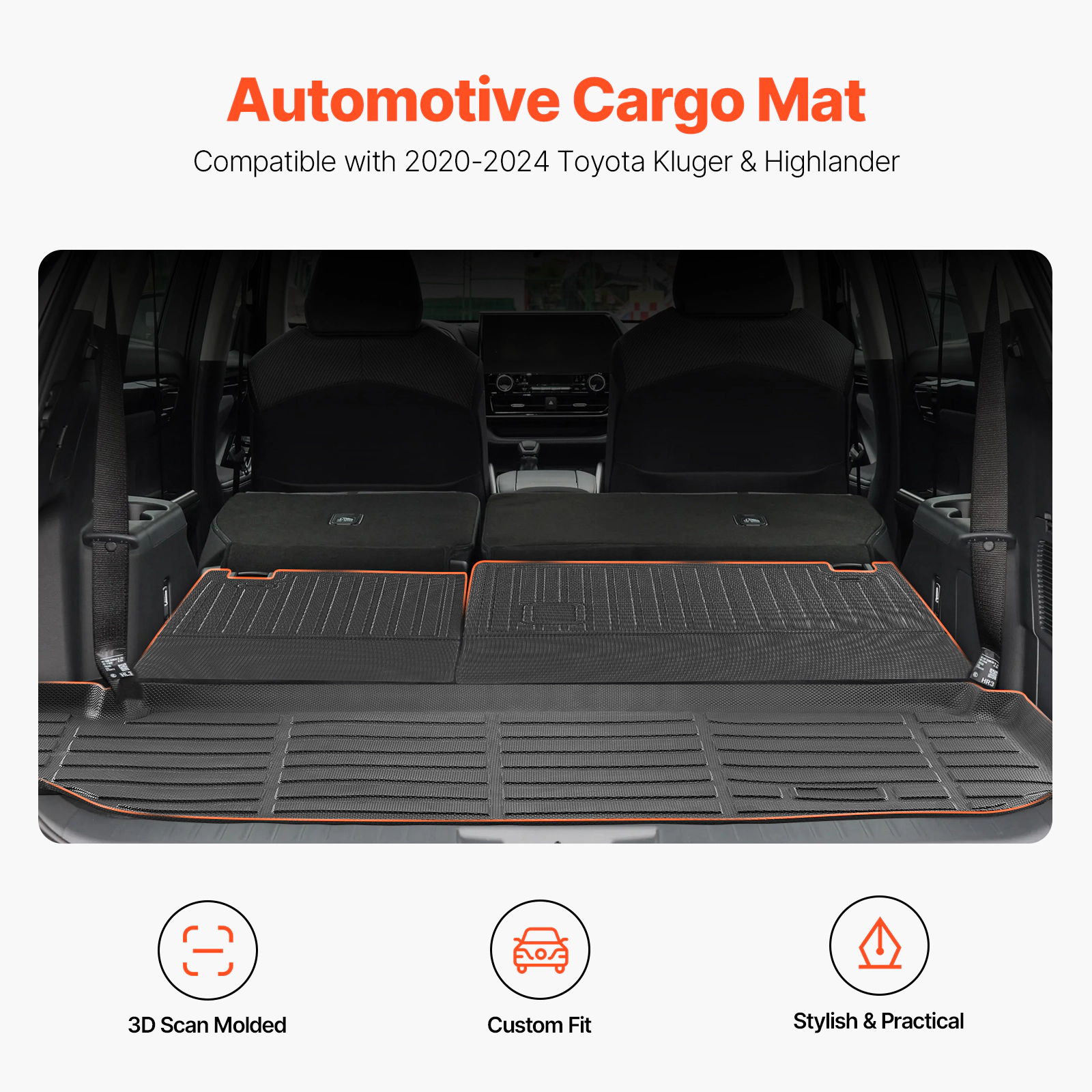 HONGGE Custom Fit TPE Cargo Mat for Toyota Kluger & Highlander 2020-2024, Trunk Liner with Backrest Mats, Black