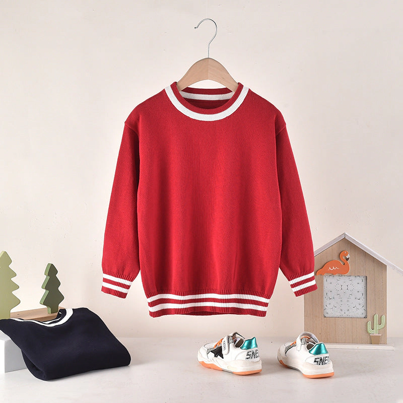MyKids-USA Baby Solid Color Striped Hem Design O-Neck Knit Sweater
