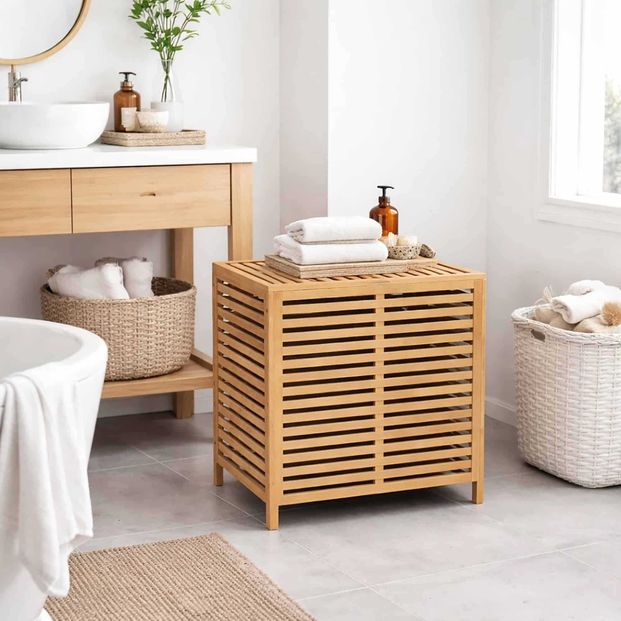 Evideco French Home Goods Bamboo Laundry Hamper with Hinged Lid, Removable Fabric Bag, Natural Bamboo