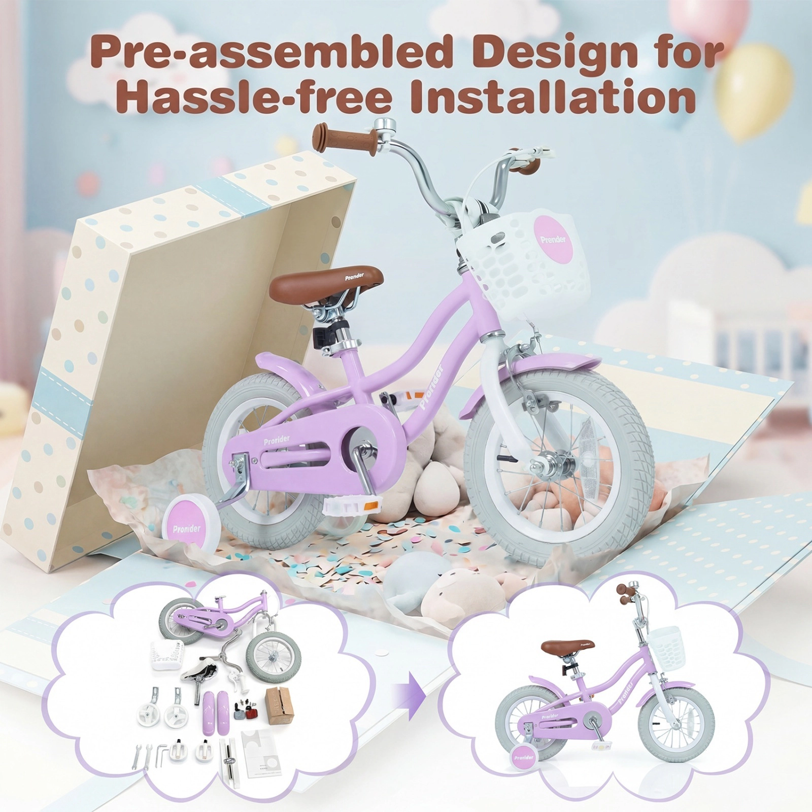 12-in Kids Bike 2-Brake System Ages 3-4 Purple Bicycle Training Wheels Chain Guard 110-lb Seat Capacity