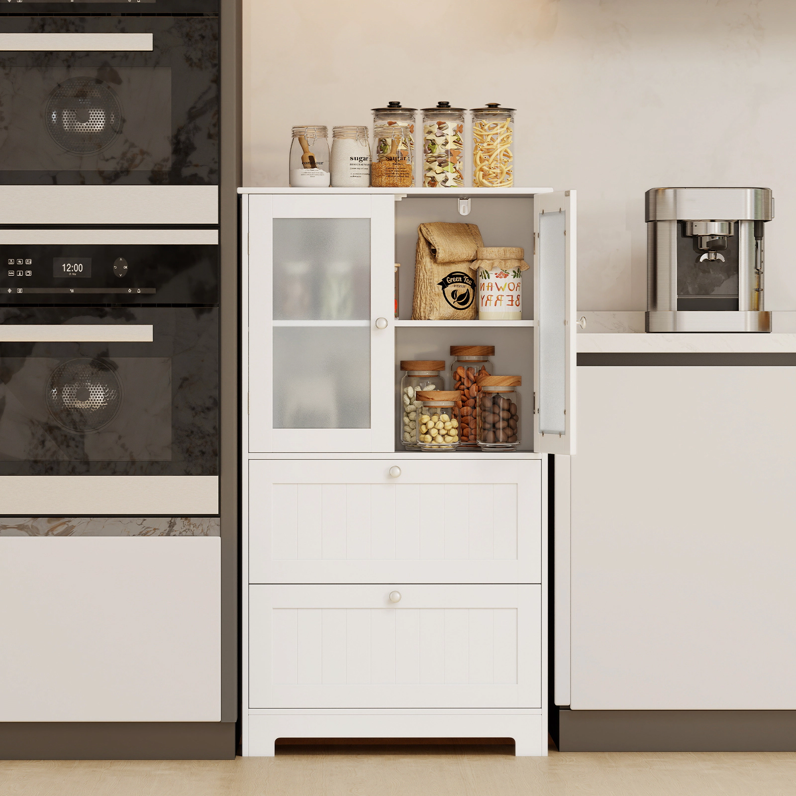SUGIFT 2 Frosted Glass Doors 2 Drawers Bathroom Floor Storage Cabinet 23.5-in x 12-in x 42.5-in 145-lb Capacity White