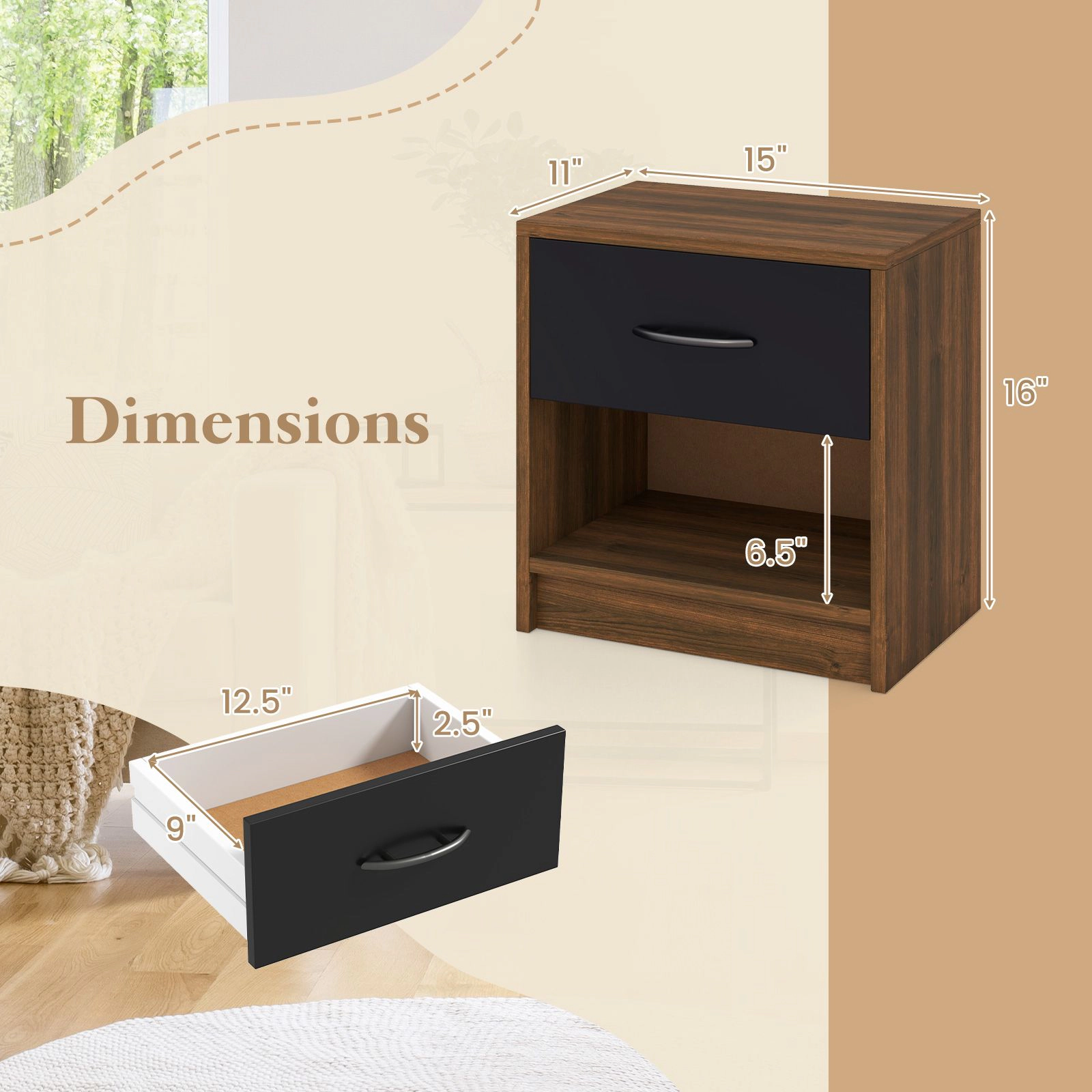 SlickBlue Modern Nightstand with Drawer and Open Storage Shelf