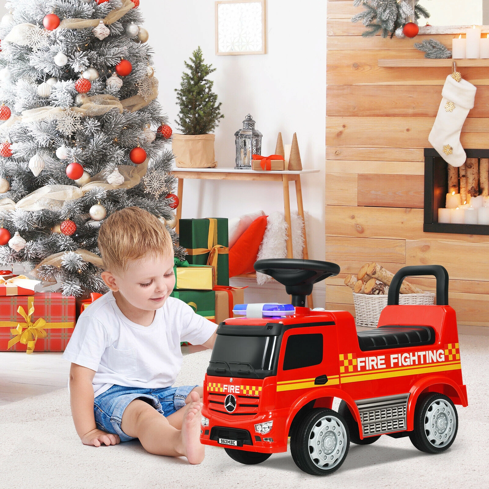 SUGIFT Licensed Mercedes Benz Kids Fire Engine Ride-On Push Car 55-lb Capacity Ages 12-36 Months Foot-to-Floor Red