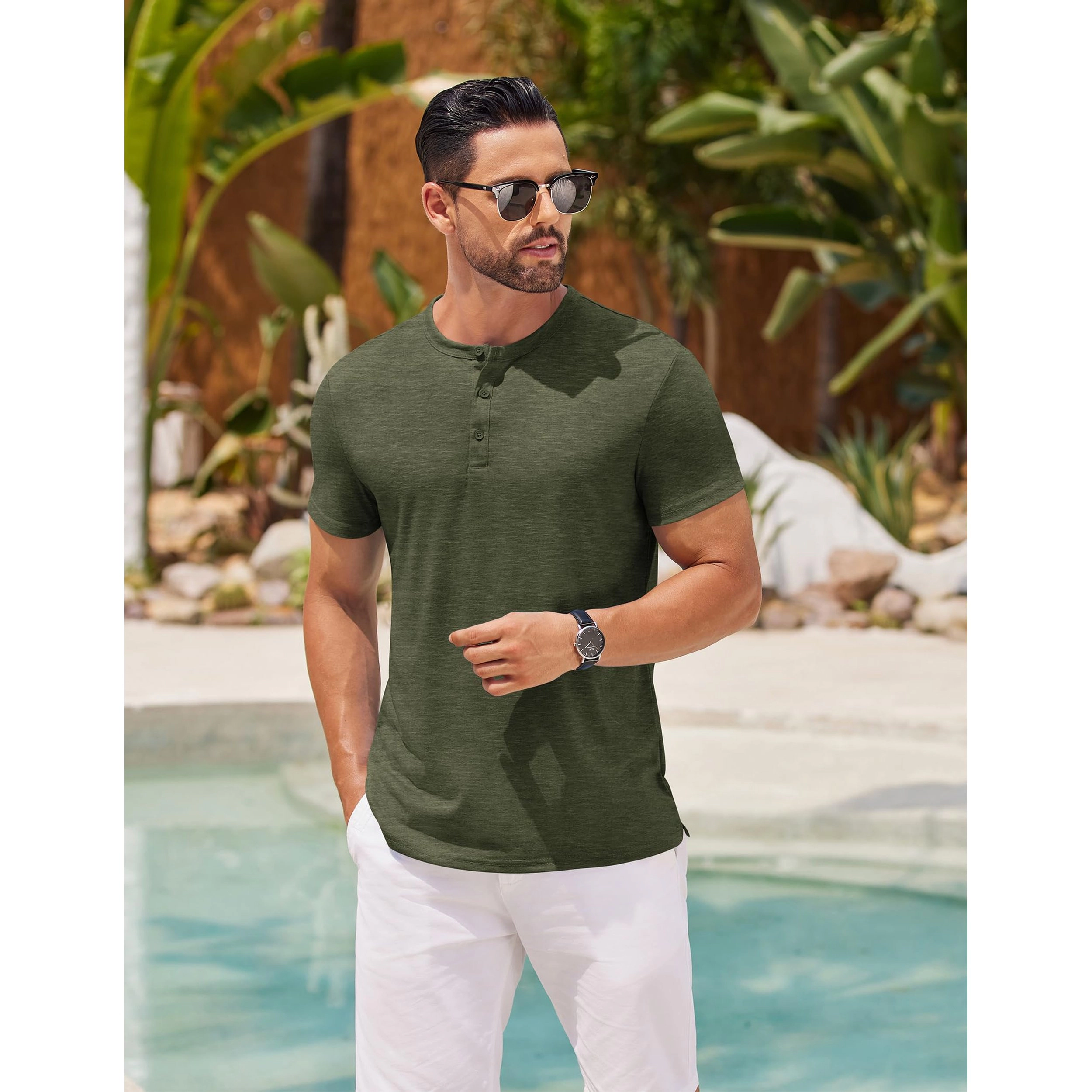 COOFANDY Mens Casual Short Sleeve Henley Shirt Button Placket Crew Neck Solid Tee