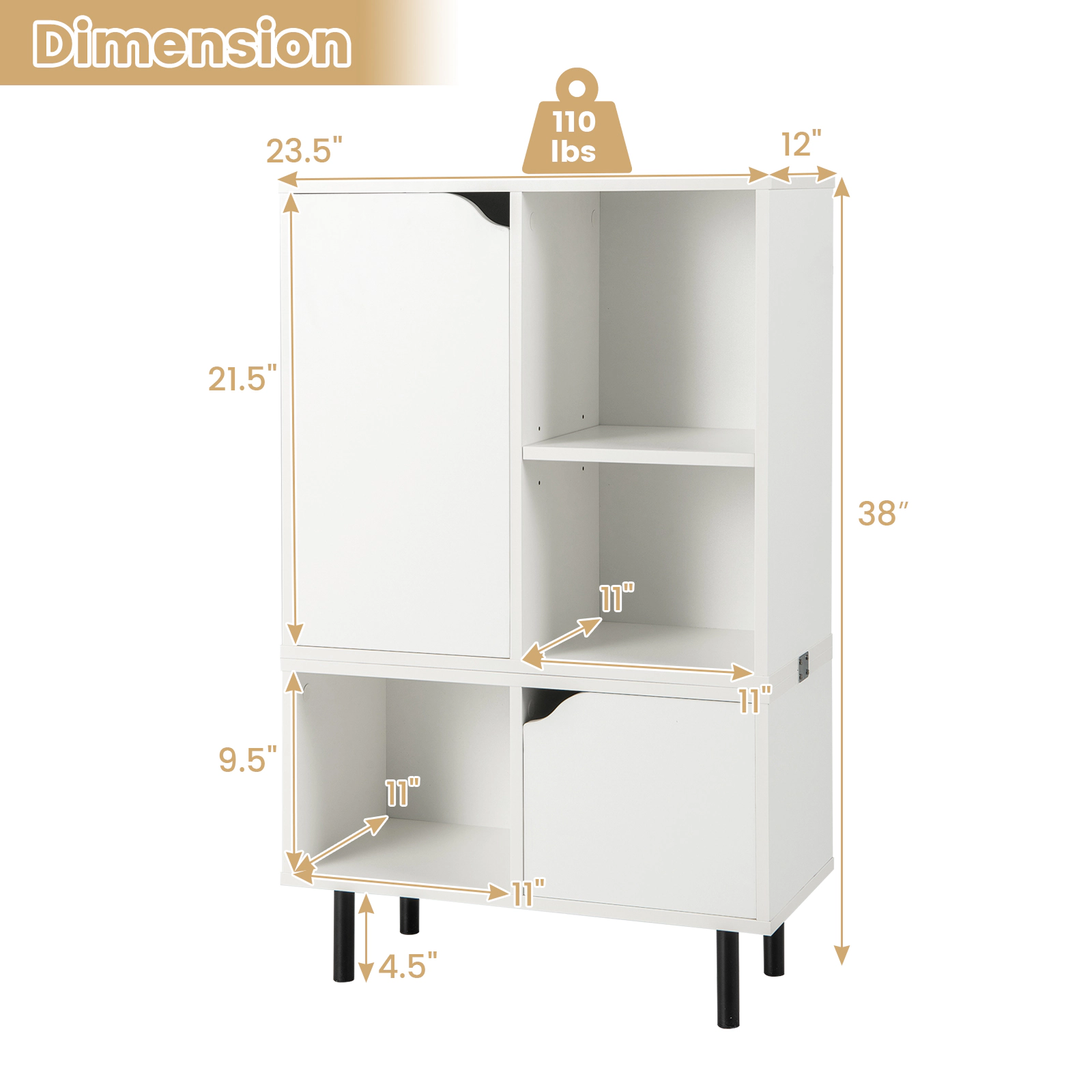 SUGIFT White 38-in Small Stackable Bookshelf with 3-Position Adjustable Shelf Cabinet and Open Cubes