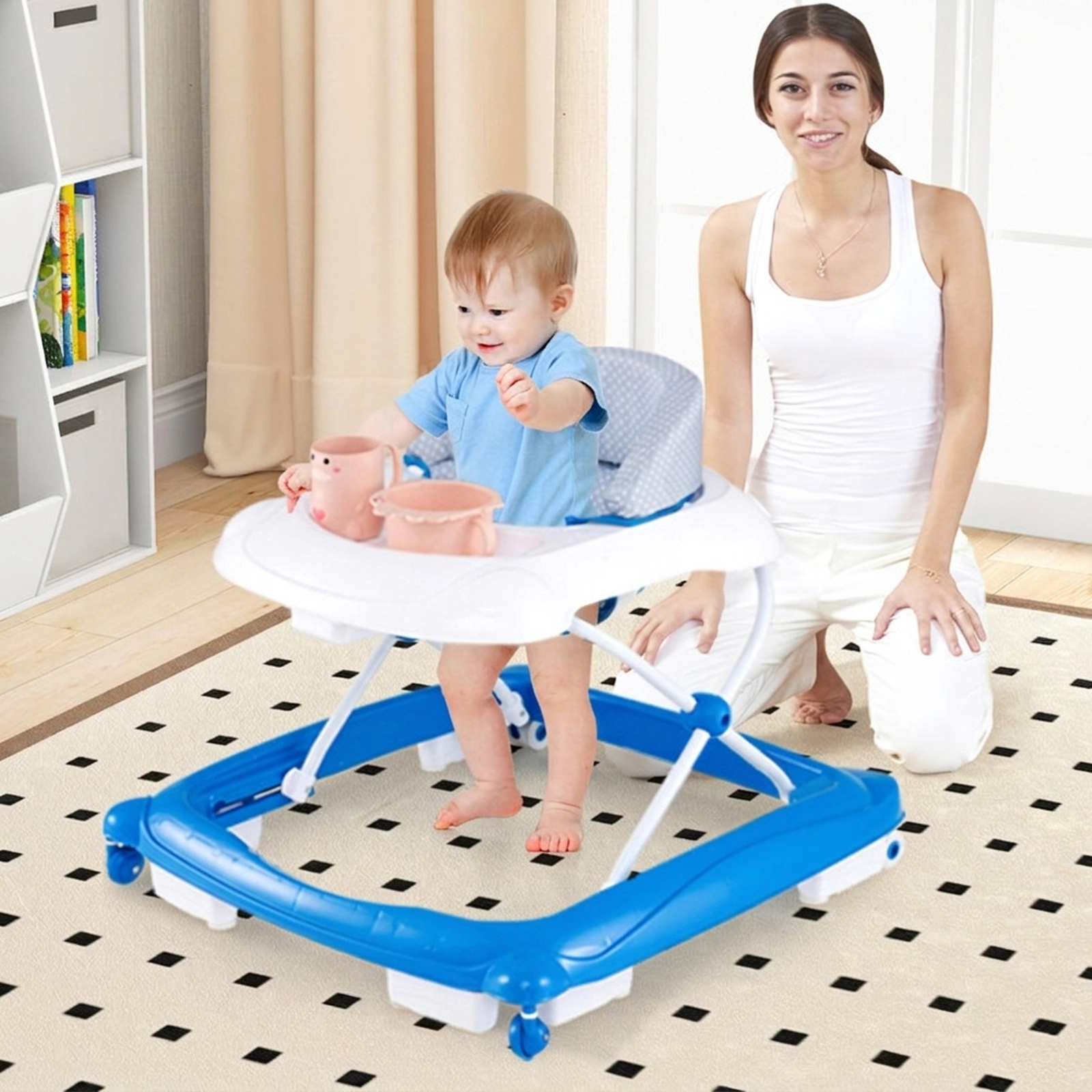 SUGIFT Baby Blue Foldable Walker with Music Tray and 3 Adjustable Heights 24.5-in W 24-in D 26.5-lb Seat Capacity