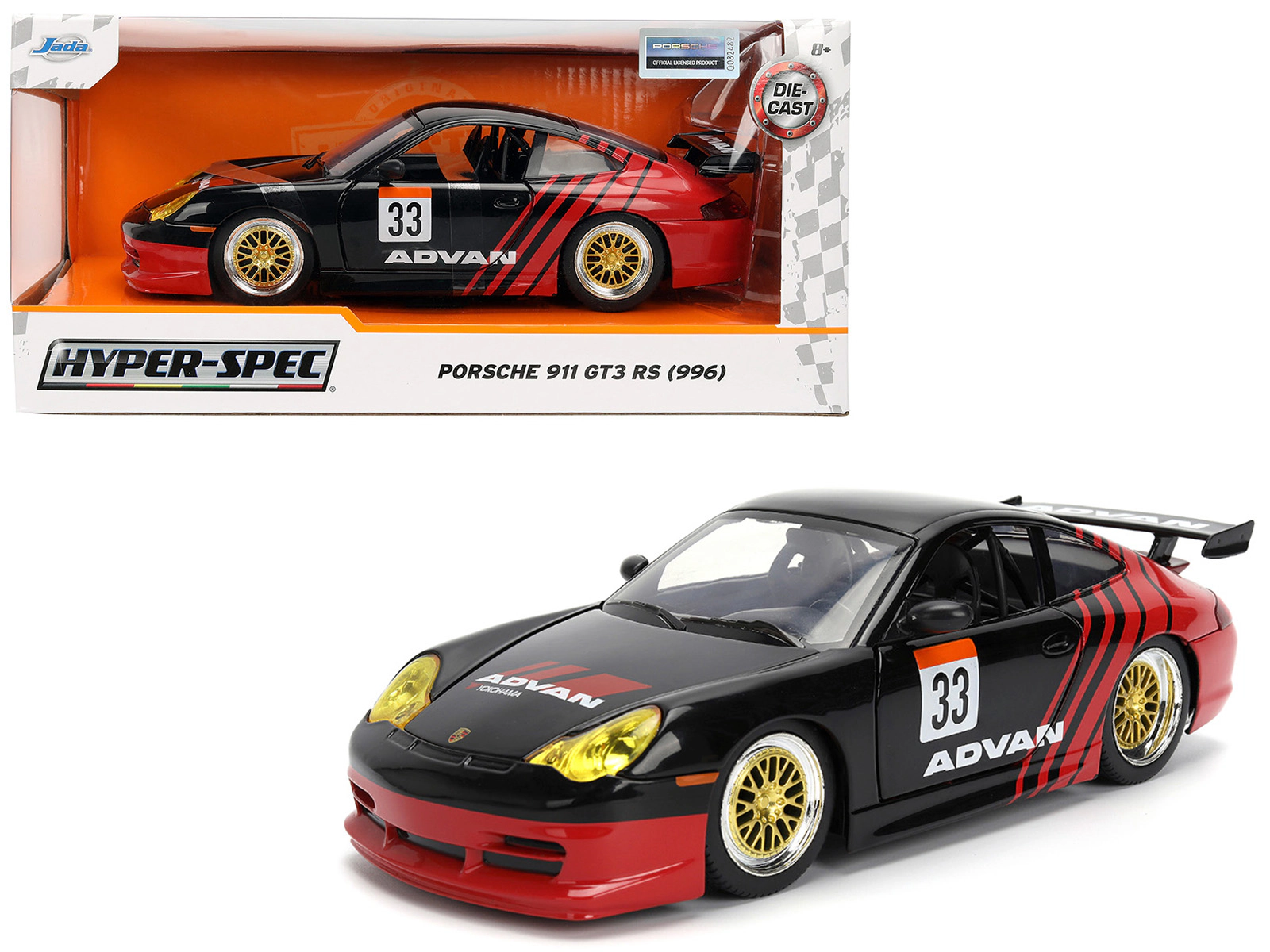 Jada Porsche 911 GT3 RS (996) #33 "ADVAN" Black and Red "Hyper-Spec" Series 1/24 Diecast Model Car by Jada