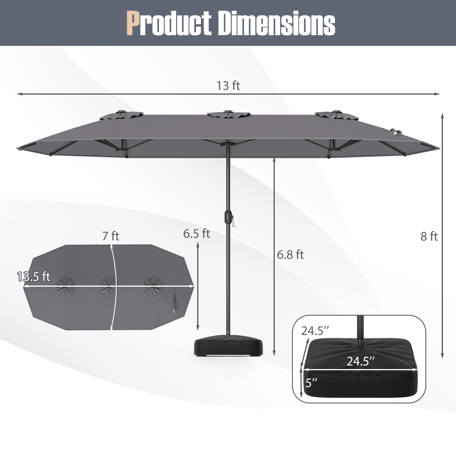 SUGIFT 13 ft Gray Rectangular Double-Sided Patio Umbrella with Crank Lift, 12 Ribs and Fillable Base