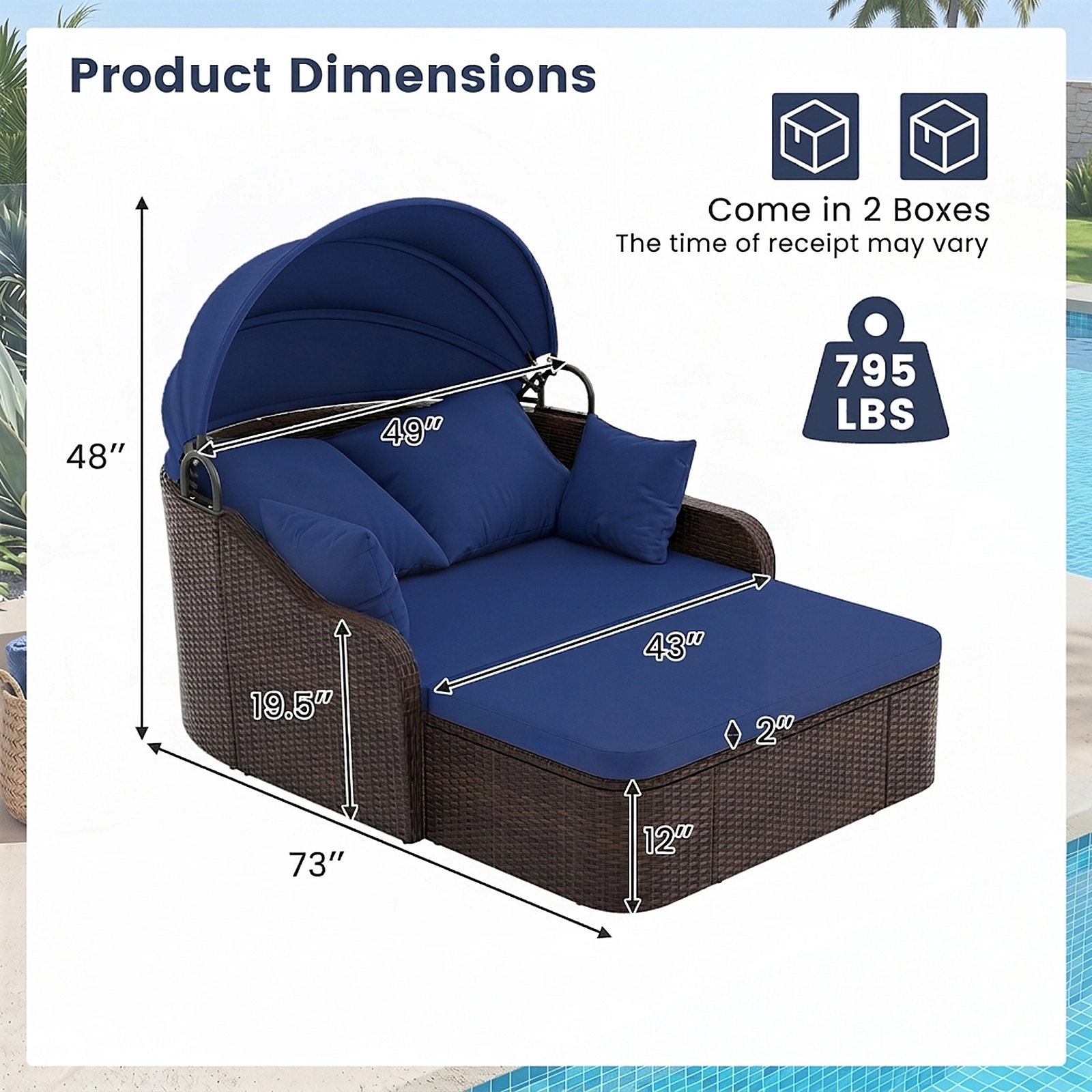 SUGIFT 73-Inch Navy Rattan Patio Daybed with Retractable Canopy, 795-Lb Capacity