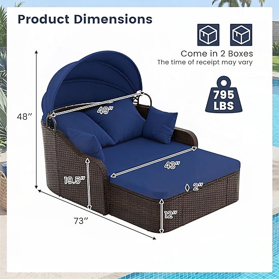 SUGIFT 73-Inch Navy Rattan Patio Daybed with Retractable Canopy, 795-Lb Capacity