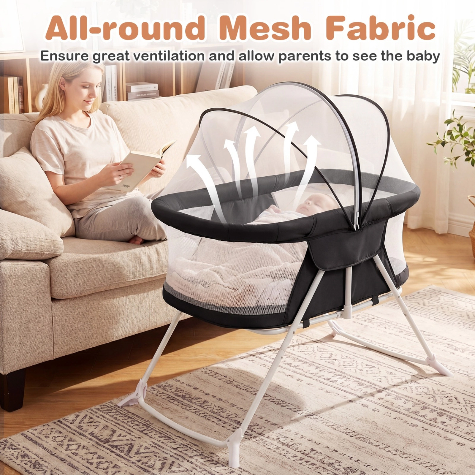 SUGIFT 2-in-1 Rocking and Stationary Baby Bassinet Bedside Sleeper 66-lb Capacity Ages 0-5 Months Black with Mesh Canopy