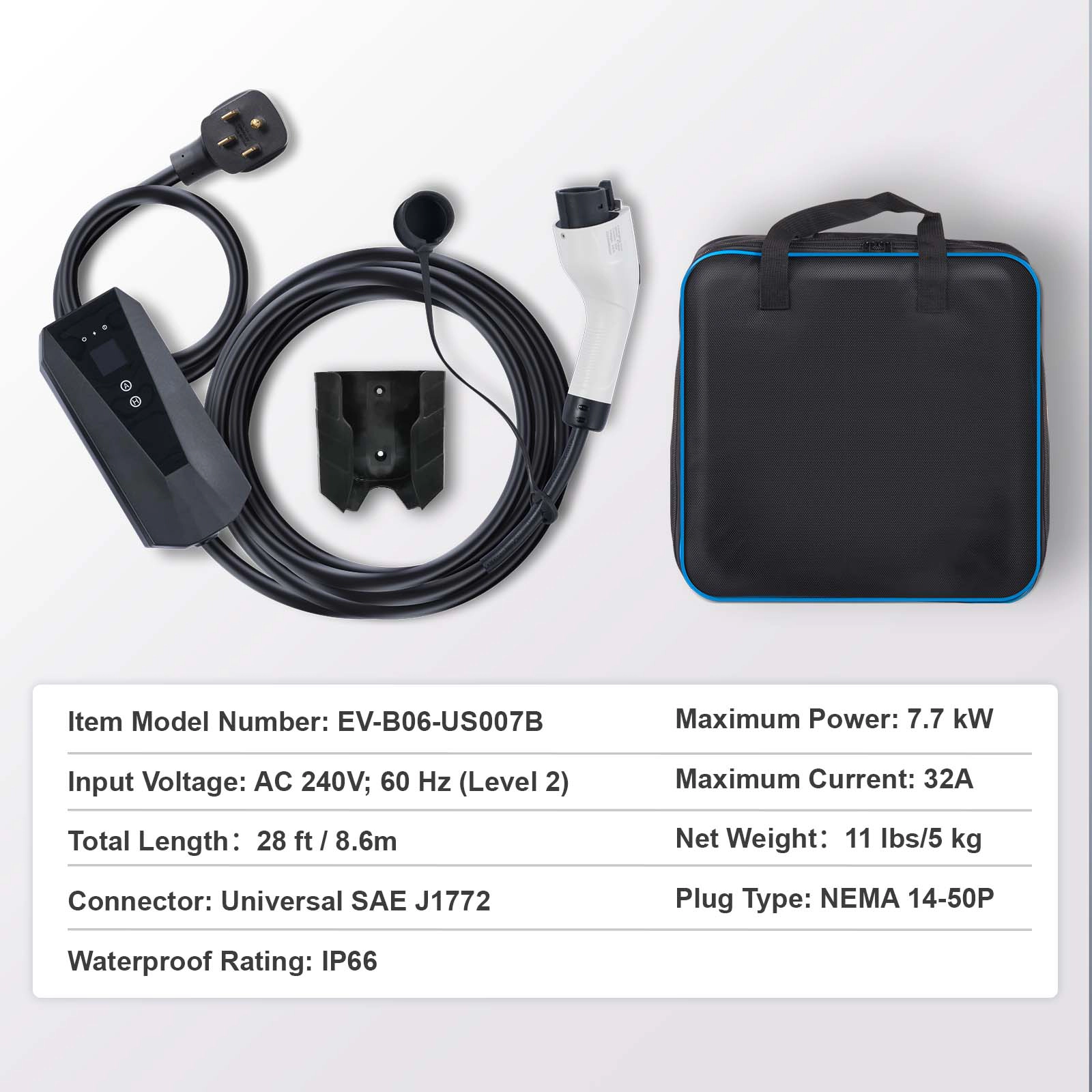 HONGGE Level 2 Portable EV Charger, 240V, Electric Vehicle Charger with Charging Cable, NEMA 14-50P Plug