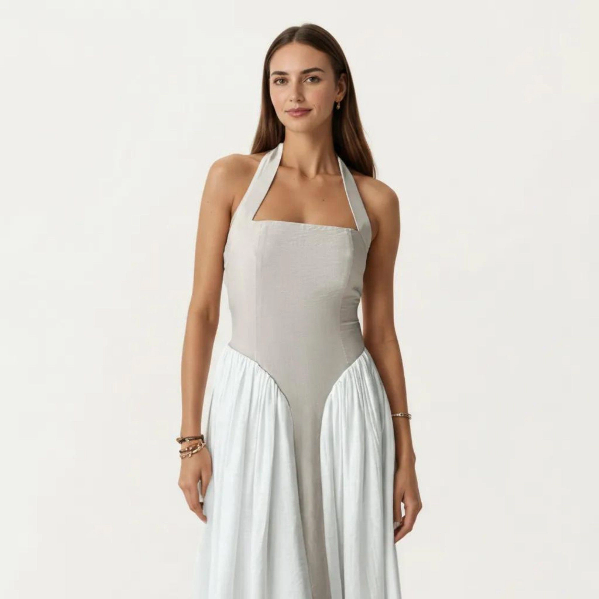 Anna-Kaci Women's Color Block Halter Neck Smocked Back Maxi Dress