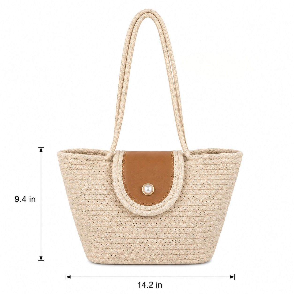 Alilang Women's Woven Rope Tote Bag with Flap Cover Pearl Button Large Capacity Shoulder Carryall, Beige