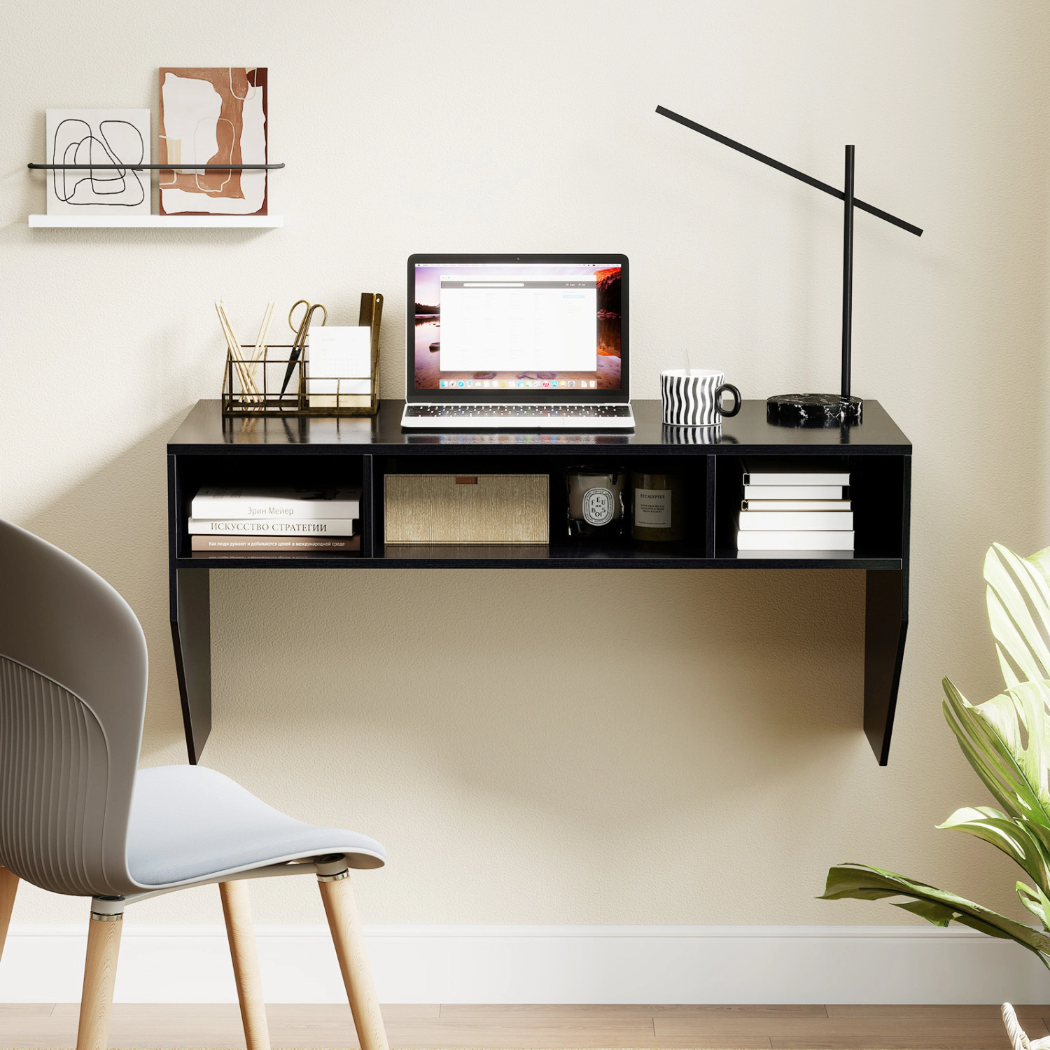 LJG Wall-Mounted Computer Desk Floating Laptop with 3 Storage Compartments