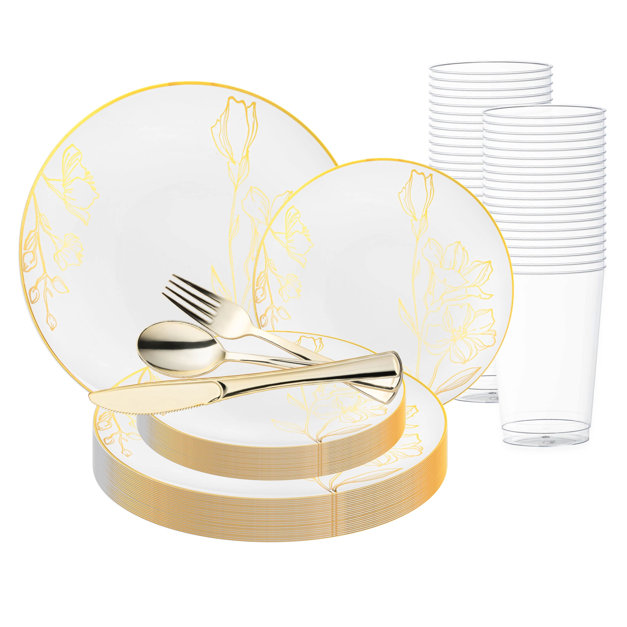 Smarty Had A Party White with Gold Antique Floral Round Disposable Plastic Wedding Value Set