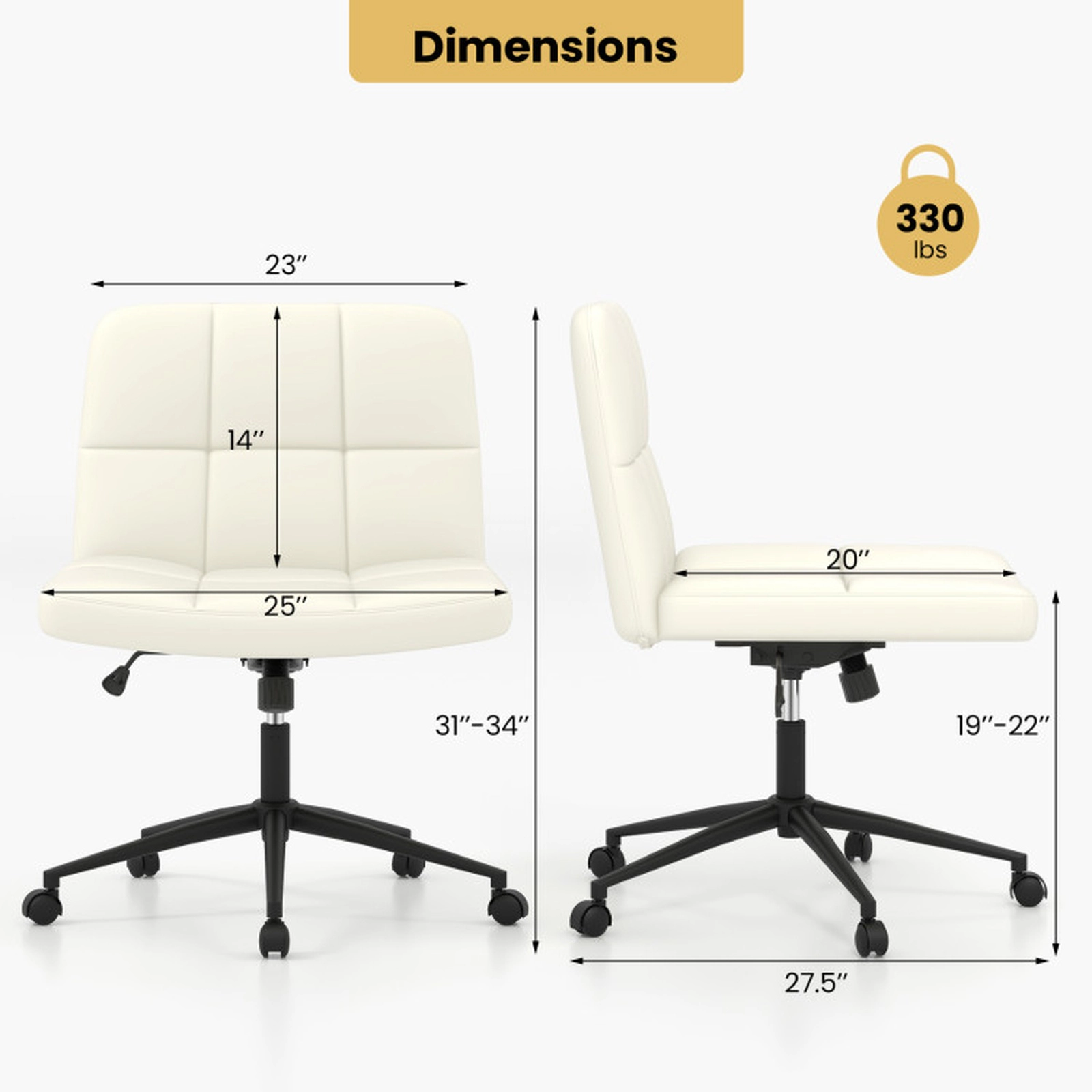 SUGIFT Oversize U-Shaped Cushion Armless Desk Chair with Rocking Mechanism 330-Lb Capacity Height-Adjustable Beige/Brown
