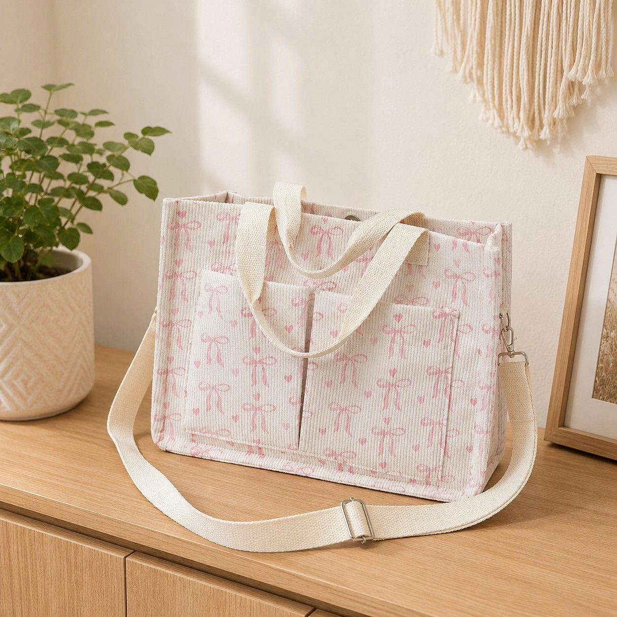 Alilang Women's Canvas Tote Bag with Bow Print Large Capacity Lightweight Adjustable Shoulder Bag, Beige