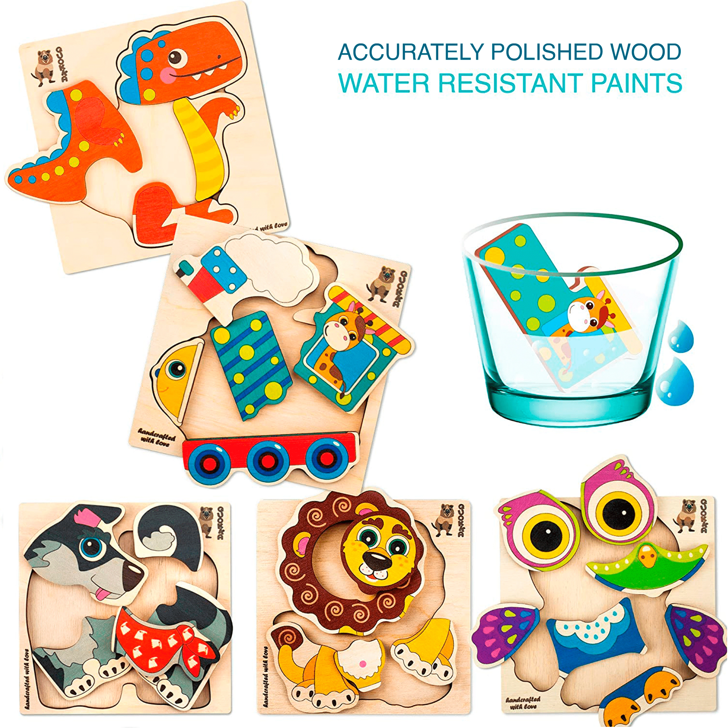 QUOKKA Wooden Puzzle Set for Toddlers Ages 1–3, 6 Large Boards with Animal & Everyday Themes