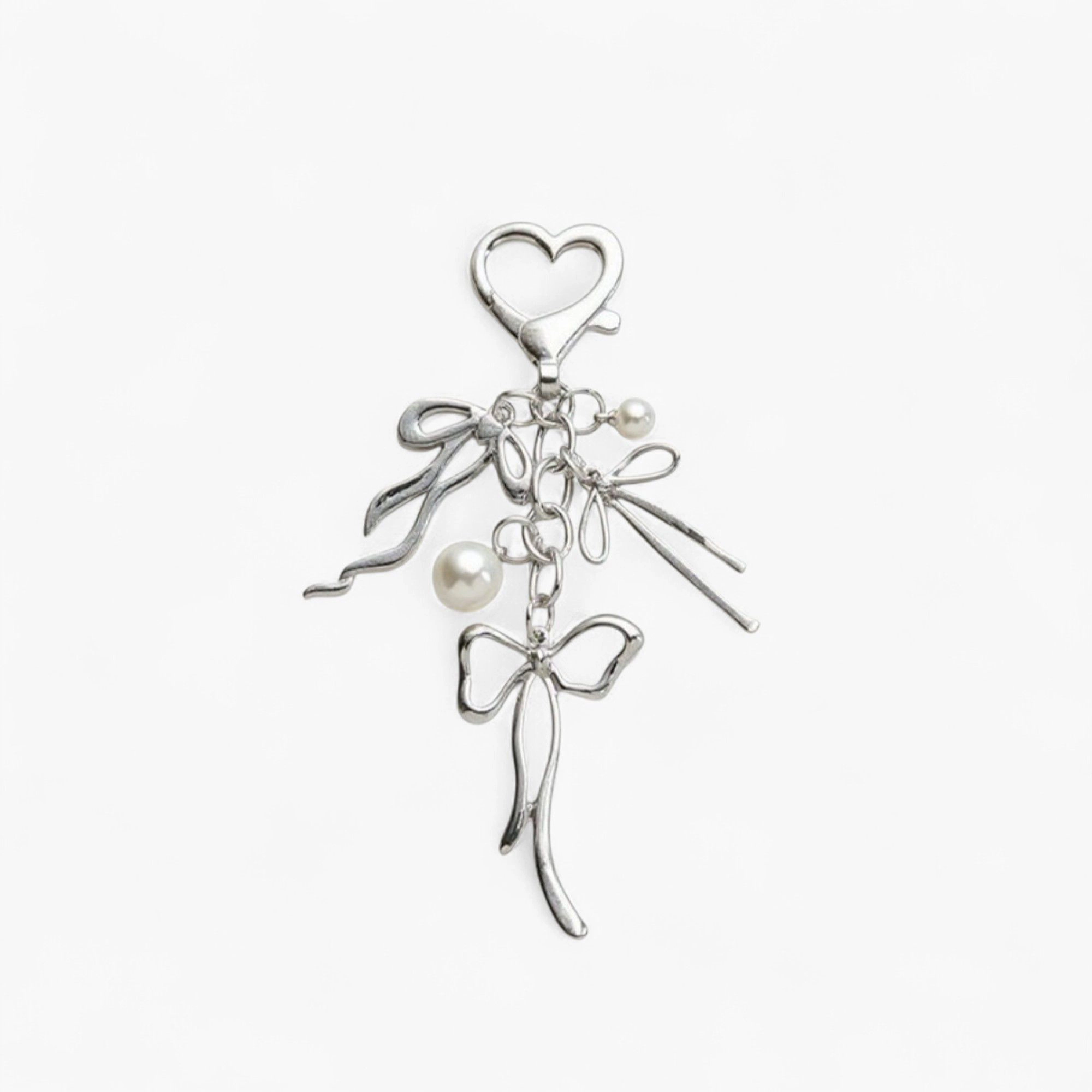 Alilang Women's Silver Bow Keychain with Pearl Charms and Heart Clasp Accent