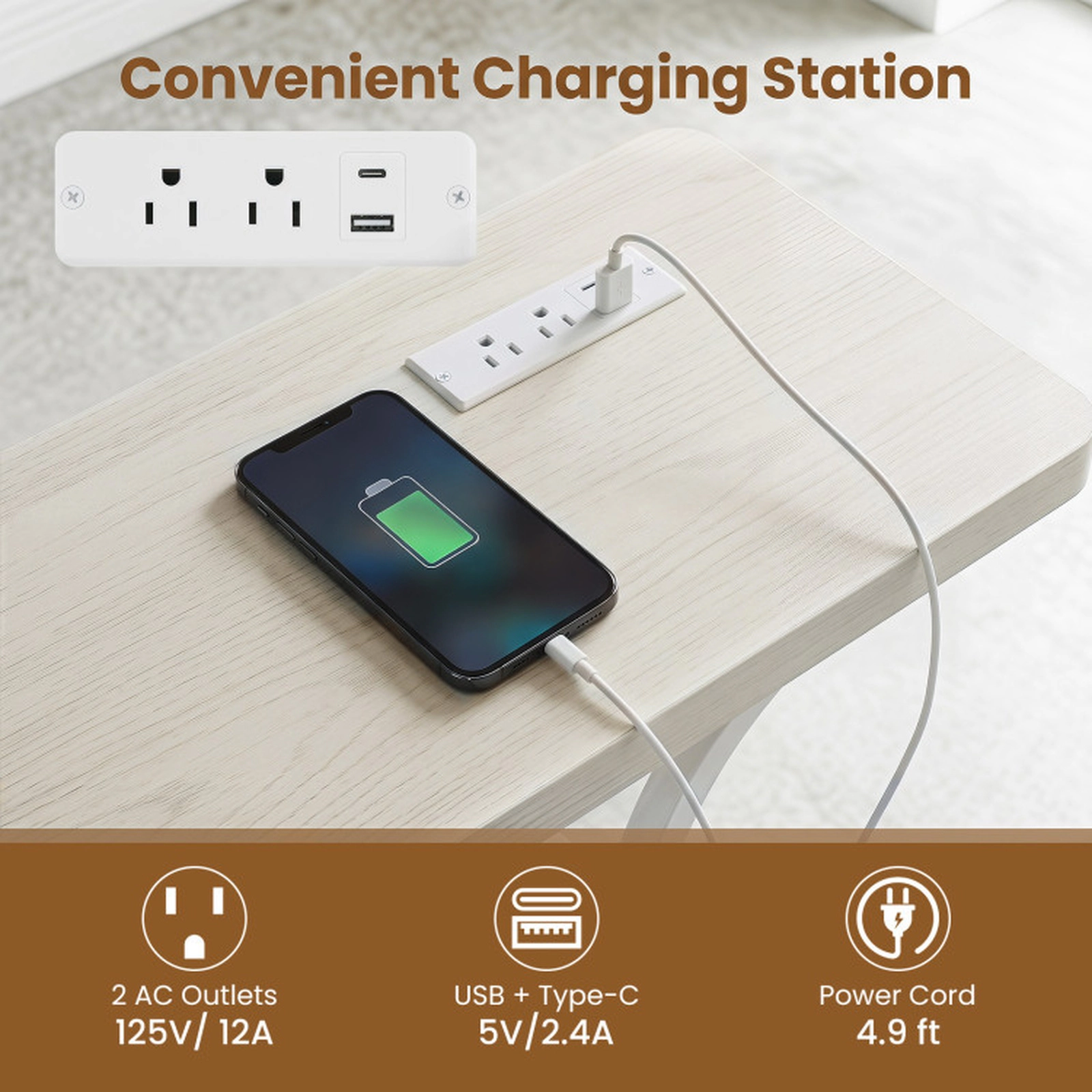 SUGIFT 3 Tier Engineered Wood Metal Frame LED USB C Charging Console Table In Oak & White