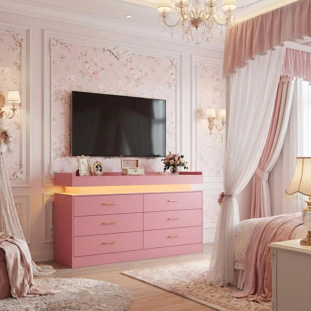 Modern TV Stand Dresser with LED Lights & Charging Station, Floating Top Sideboard Cabinet 6 Drawers