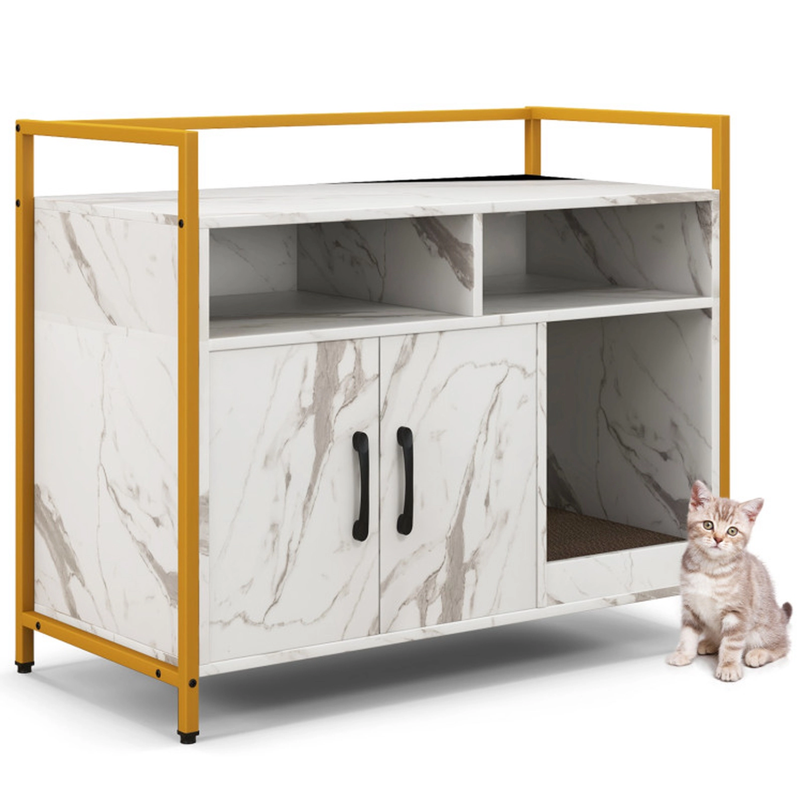 SUGIFT 35 x 29.5-in 110-lb Capacity White Hidden Litter Box Enclosure Cat Washroom with Doors and Scratch Board