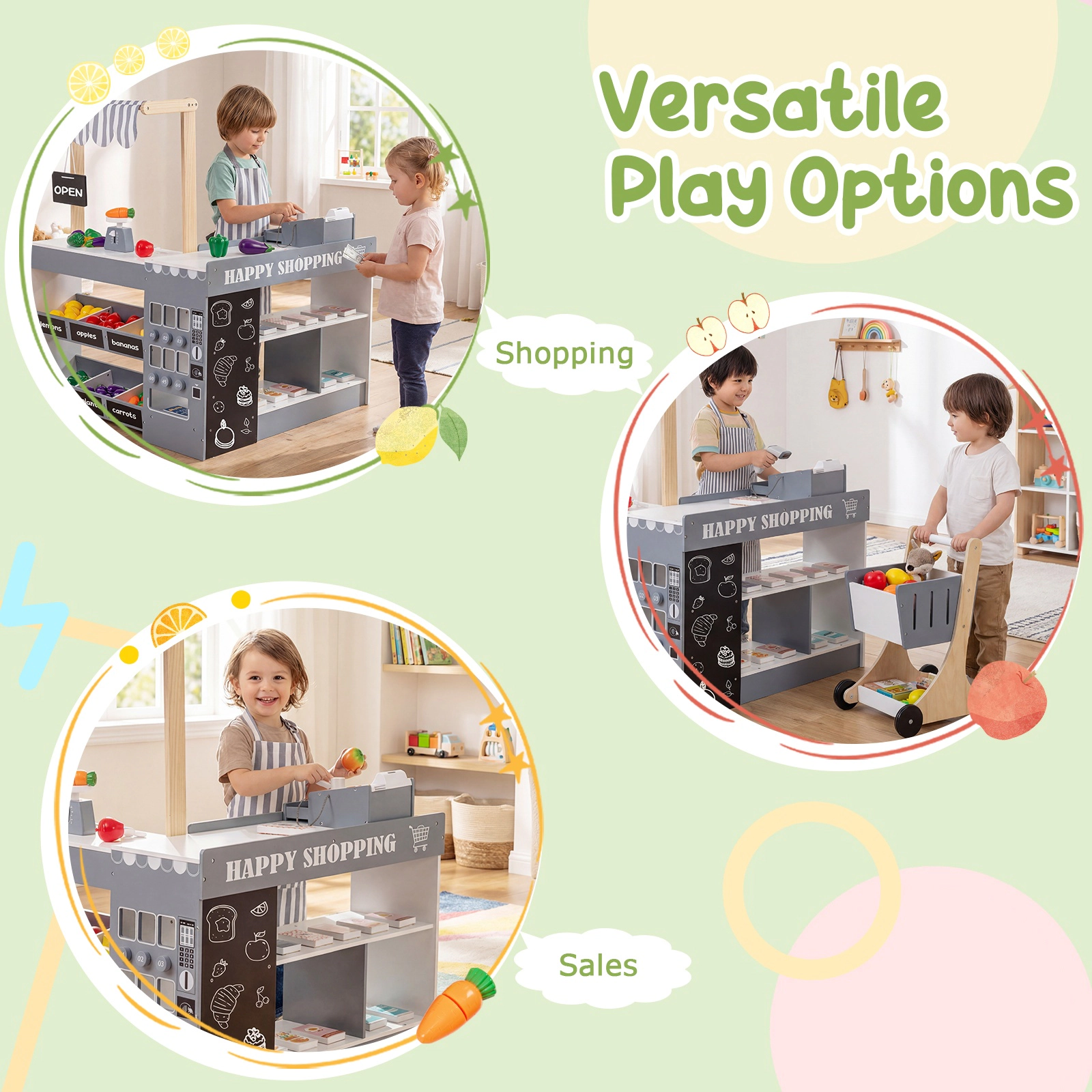 SUGIFT Gray Shopping Cart Kids Wooden Grocery Store Playset Pretend Supermarket