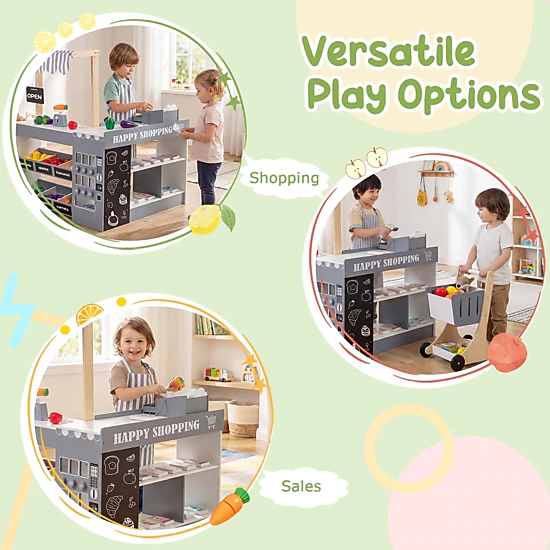 SUGIFT Gray and White Kids Wooden Grocery Store Toy Playset with Shopping Cart 35.5-in W 31-in D 41-in H