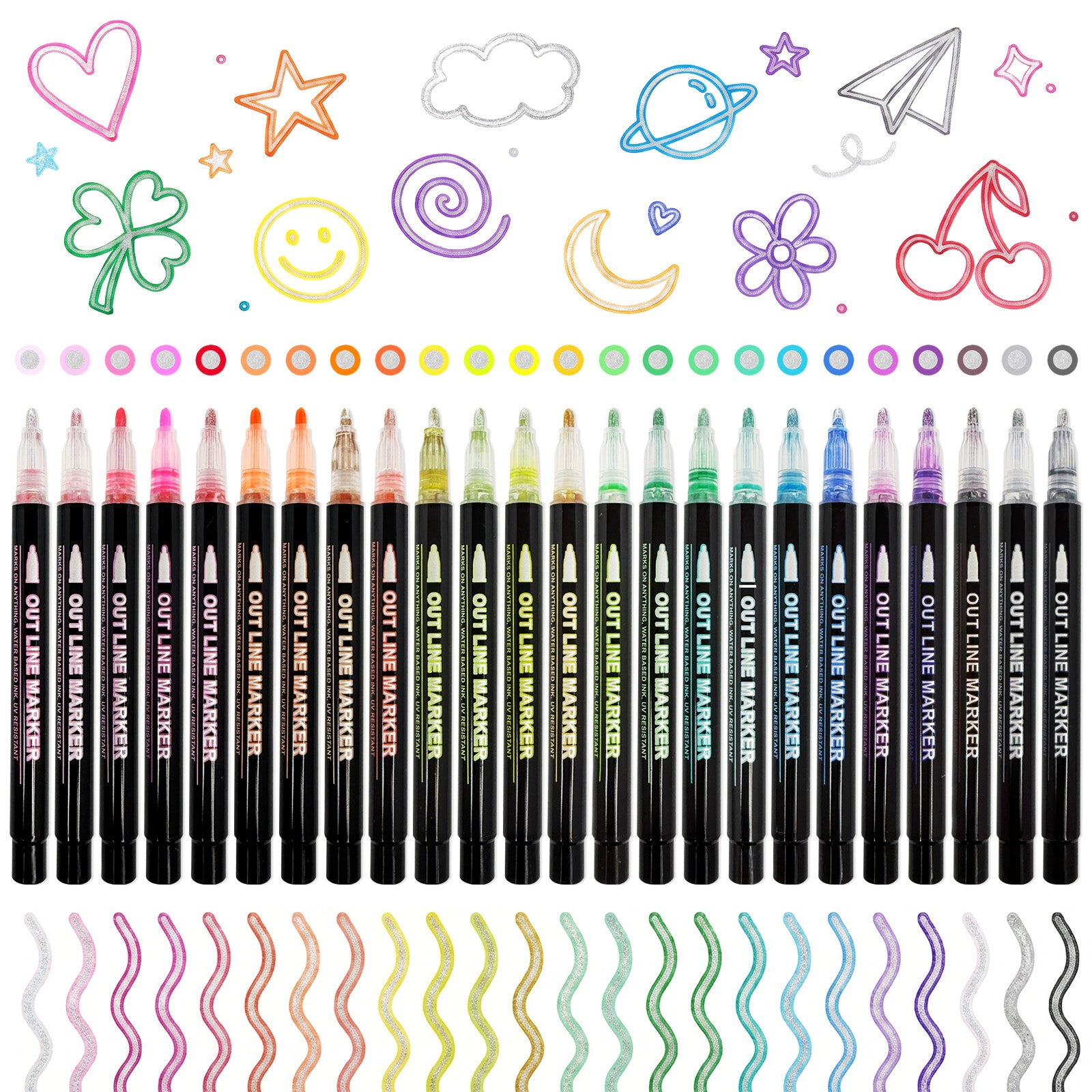 Wrapables 24-Color Metallic Outline Markers, Shimmer Glitter Pens for Drawing, Lettering, Card Making and Art Crafts