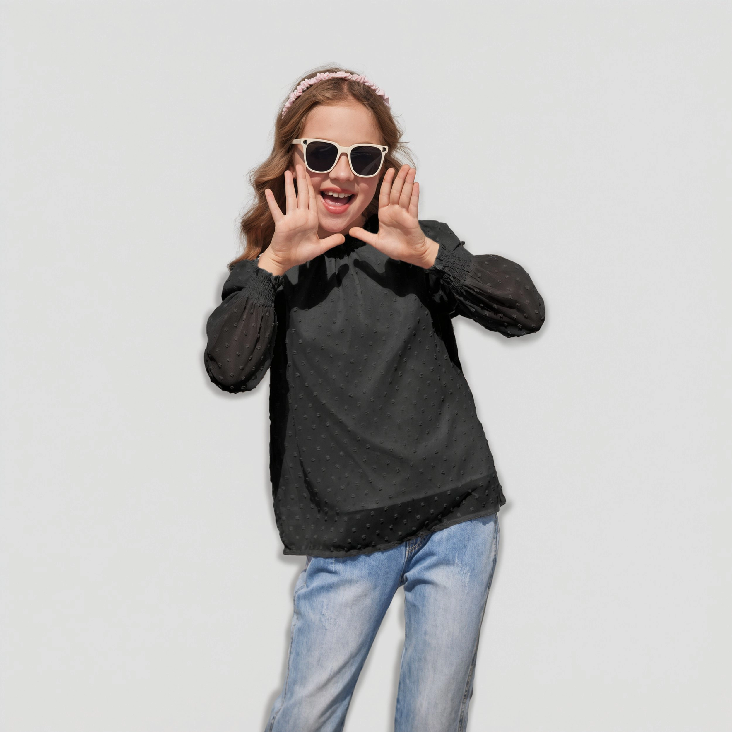 Arshiner Girls Long Sleeve Chiffon Swiss Dot Frill Neck Casual Loose Cute T-shirt