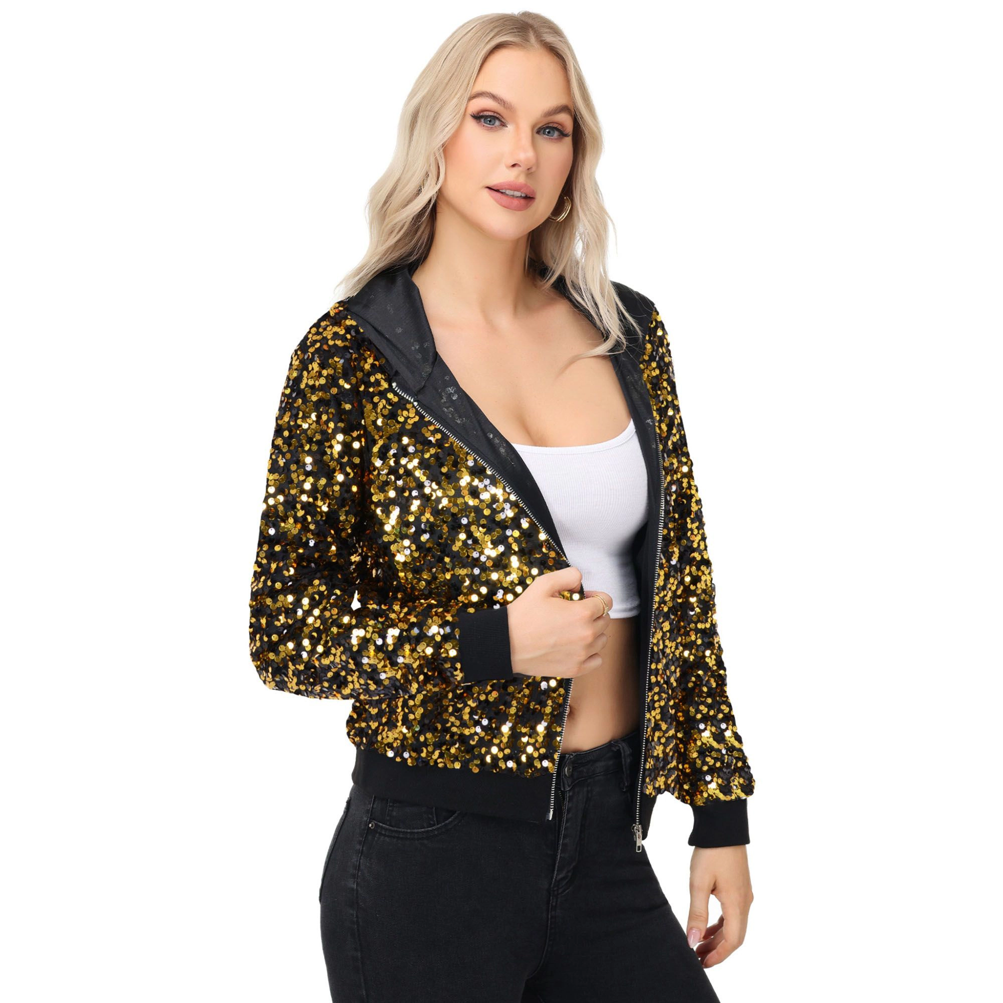 Anna-Kaci Women's Zip-Up Hoodie Jacket with Allover Sequin Embellishments and Ribbed Trim