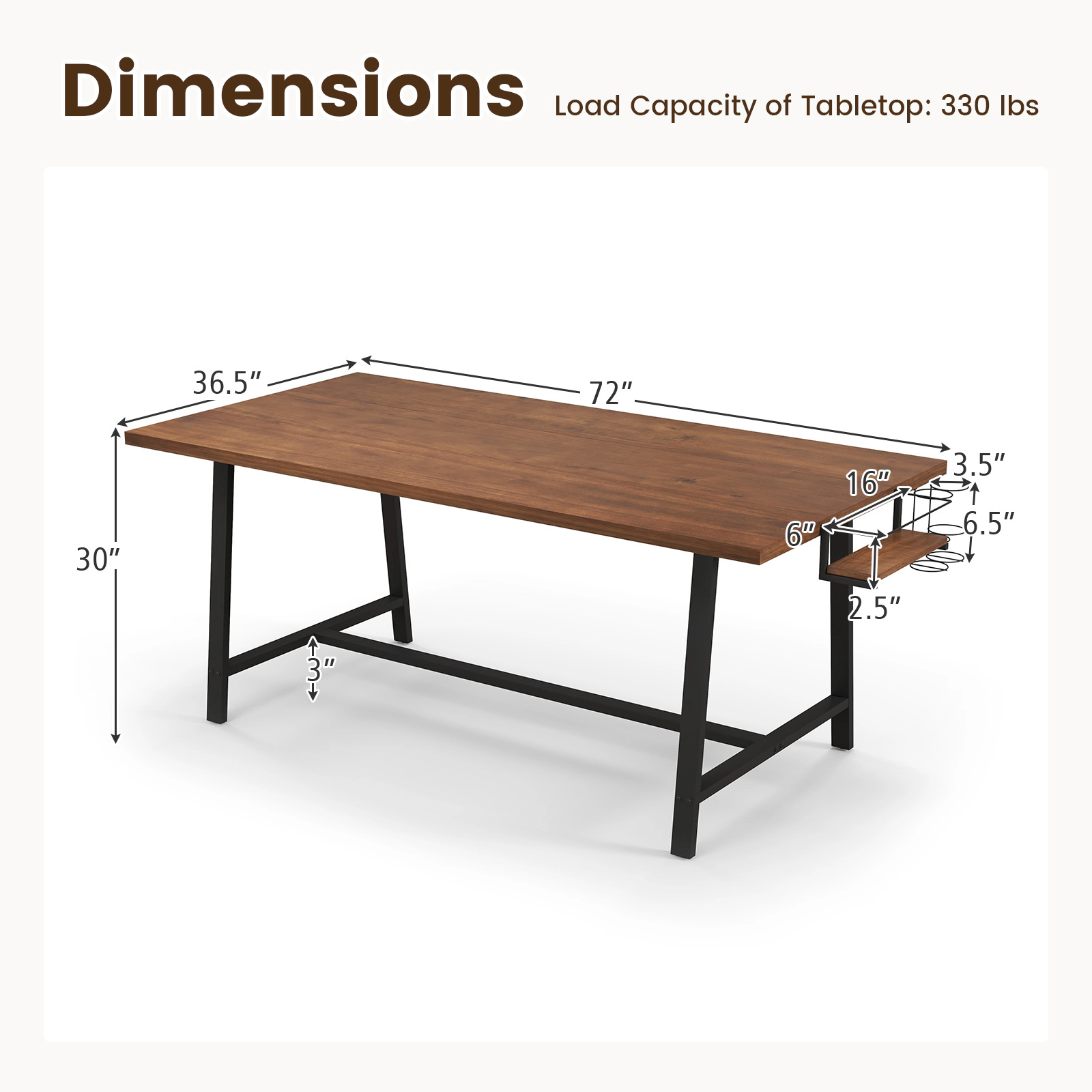 SUGIFT 72-in Rectangular Dining Table with 2-Bottle Wine Rack and Condiment Holder 330-lb Capacity Walnut & Black