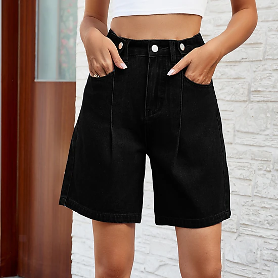 EadianDree Womens High Waist Pleated Denim Bermuda Shorts Multi Button Relaxed Wide Leg Jean Shorts