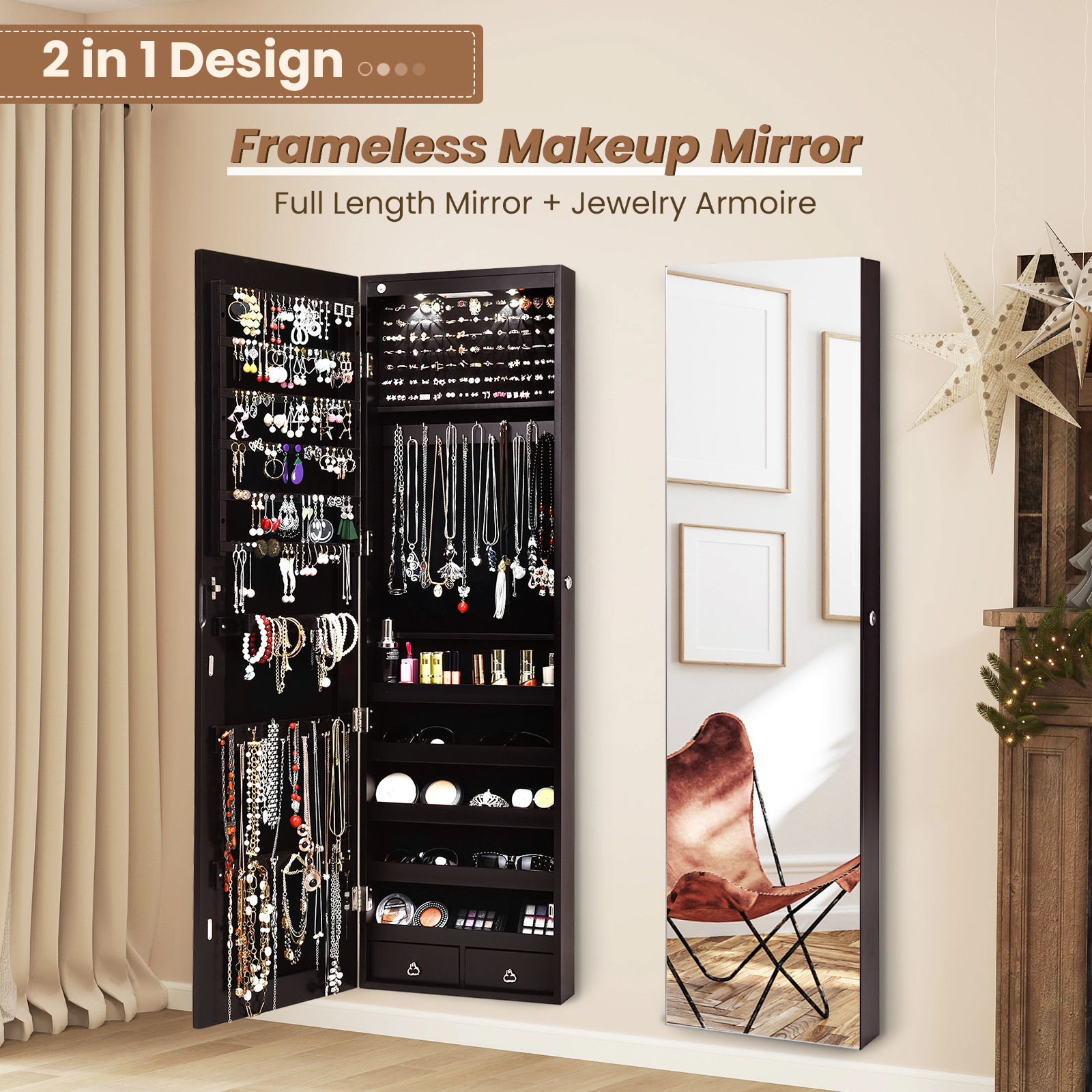 SUGIFT Brown Mirrored Jewelry Armoire with 98 Ring Slots 36 Hooks and 2 Drawers Wall or Door Mounted