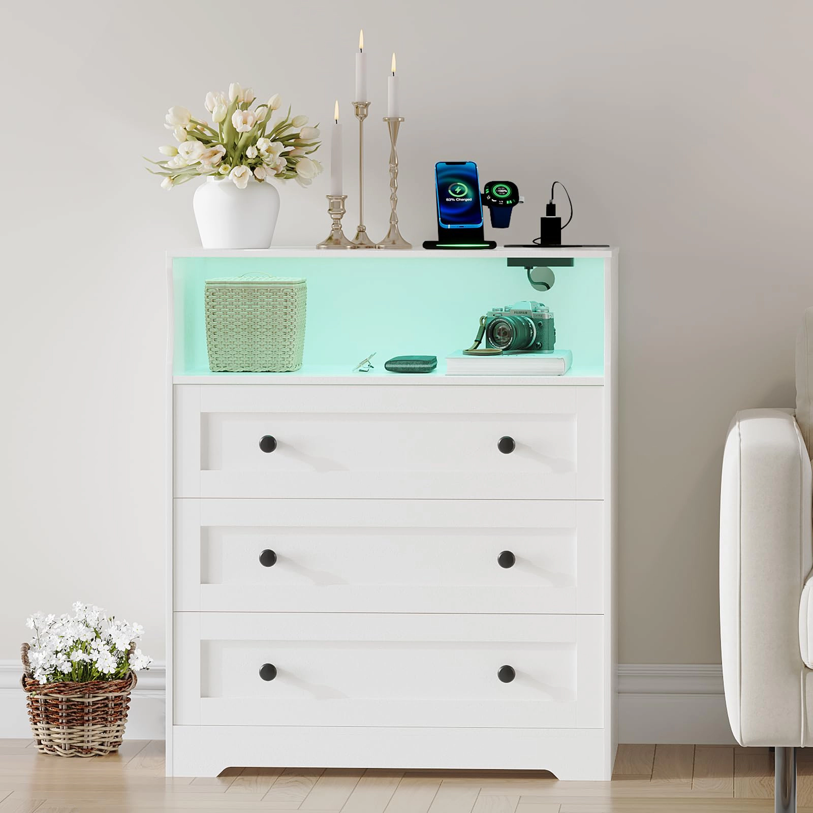 37.2" 3 Drawer Dresser with LED Lights & Charging Station, Wood Storage Chest Open Shelf