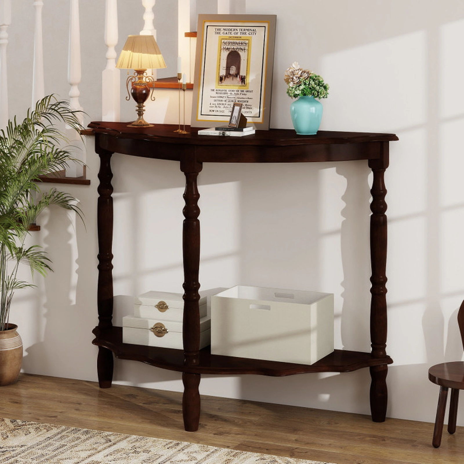 SUGIFT 42-in Half Moon Console Table with 2 Shelves 180-lb Tabletop Capacity 33-lb Shelf Capacity Light Espresso