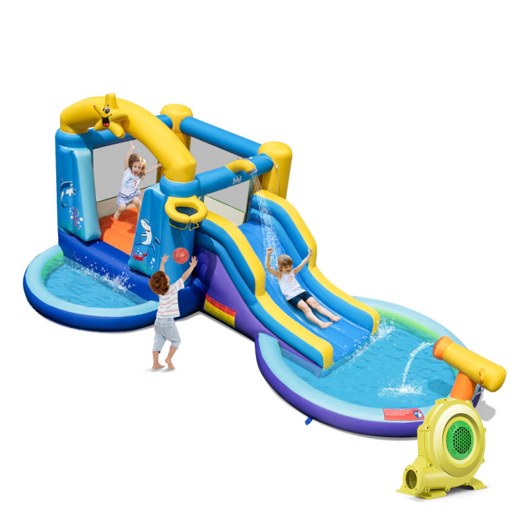 SUGIFT Blue Ocean Themed 2 Pools and 680W Blower Kids Inflatable Bounce House