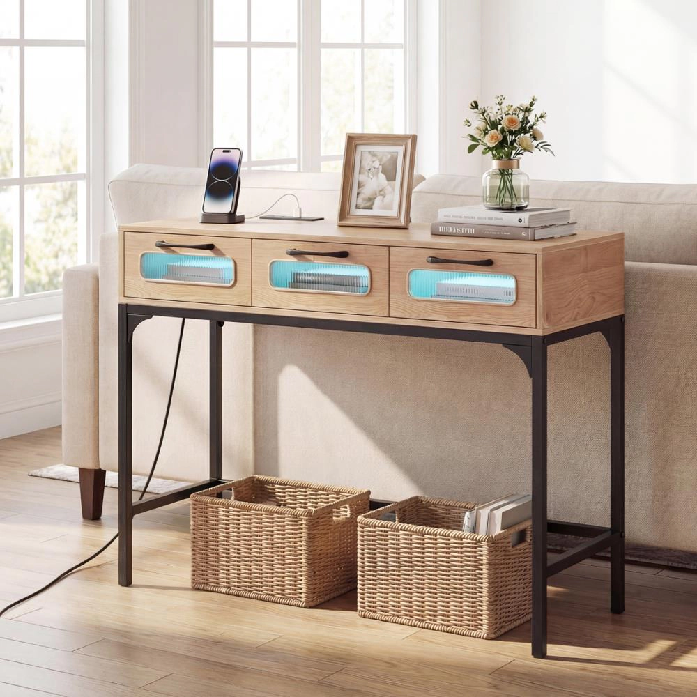 Hivvago Console Table With Led Lighting And Charging Station For Living Room Hallway