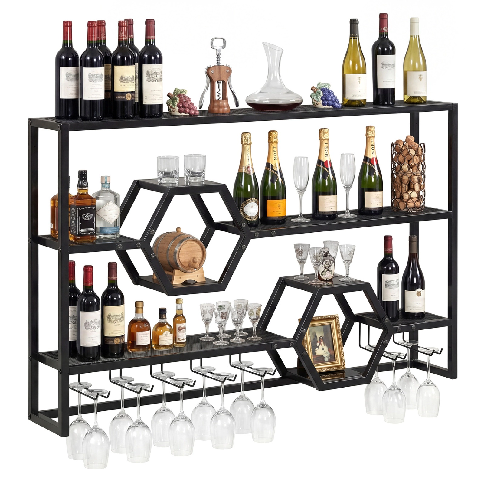 SUGIFT 47-in Wall Mounted Metal Wine Rack with 3 Floating Bar Shelves 352-lb Total Capacity Black/Gold