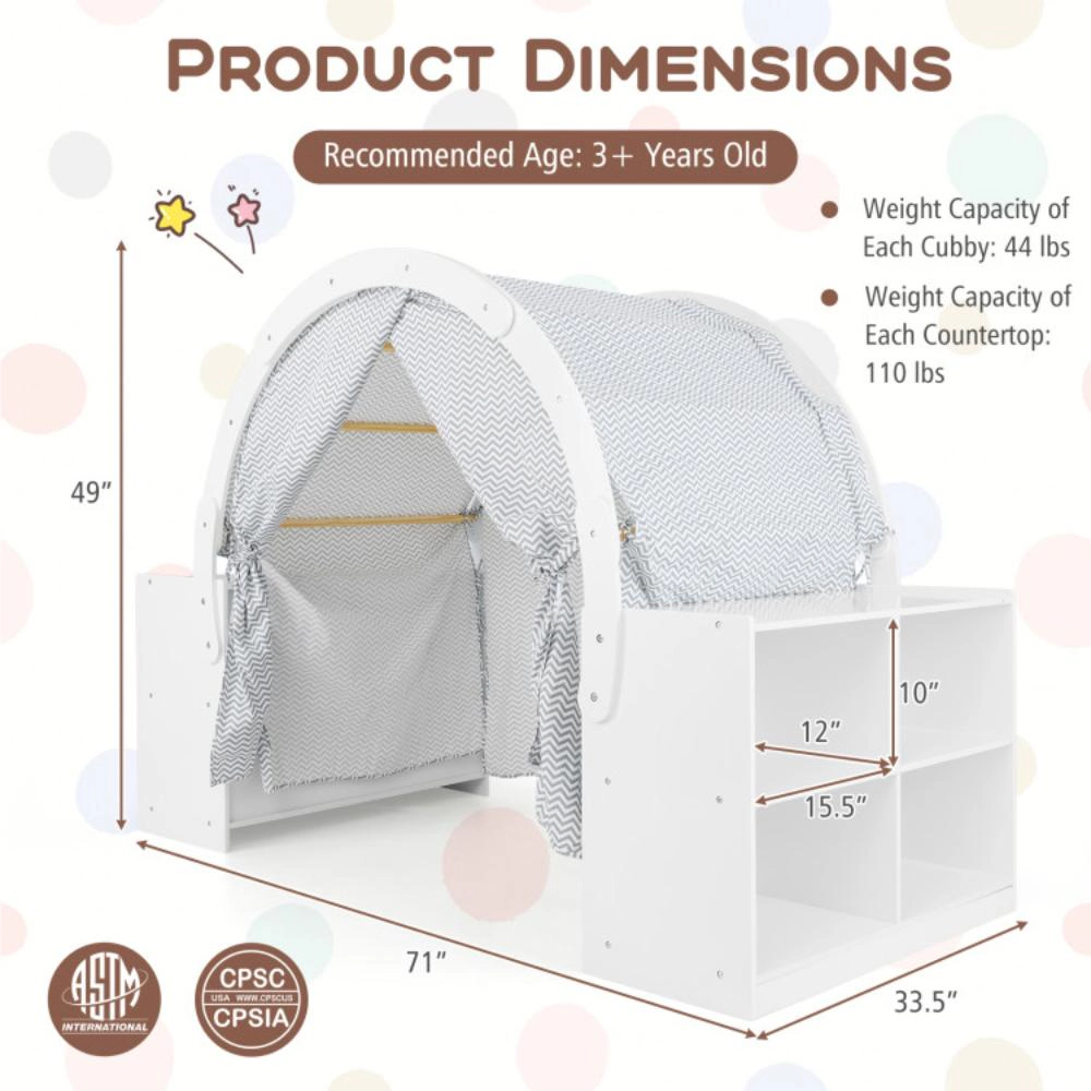 Hivvago Wooden Kids Play Tent with Curtain Shades and 8 Cubbies-White