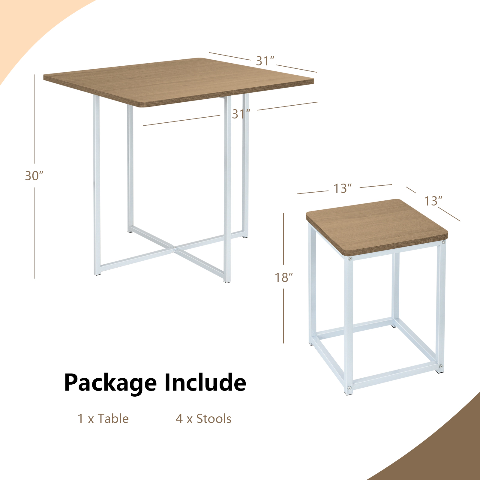 LJG 5 Pieces Metal Frame Dining Set with Compact Table and 4 Stools