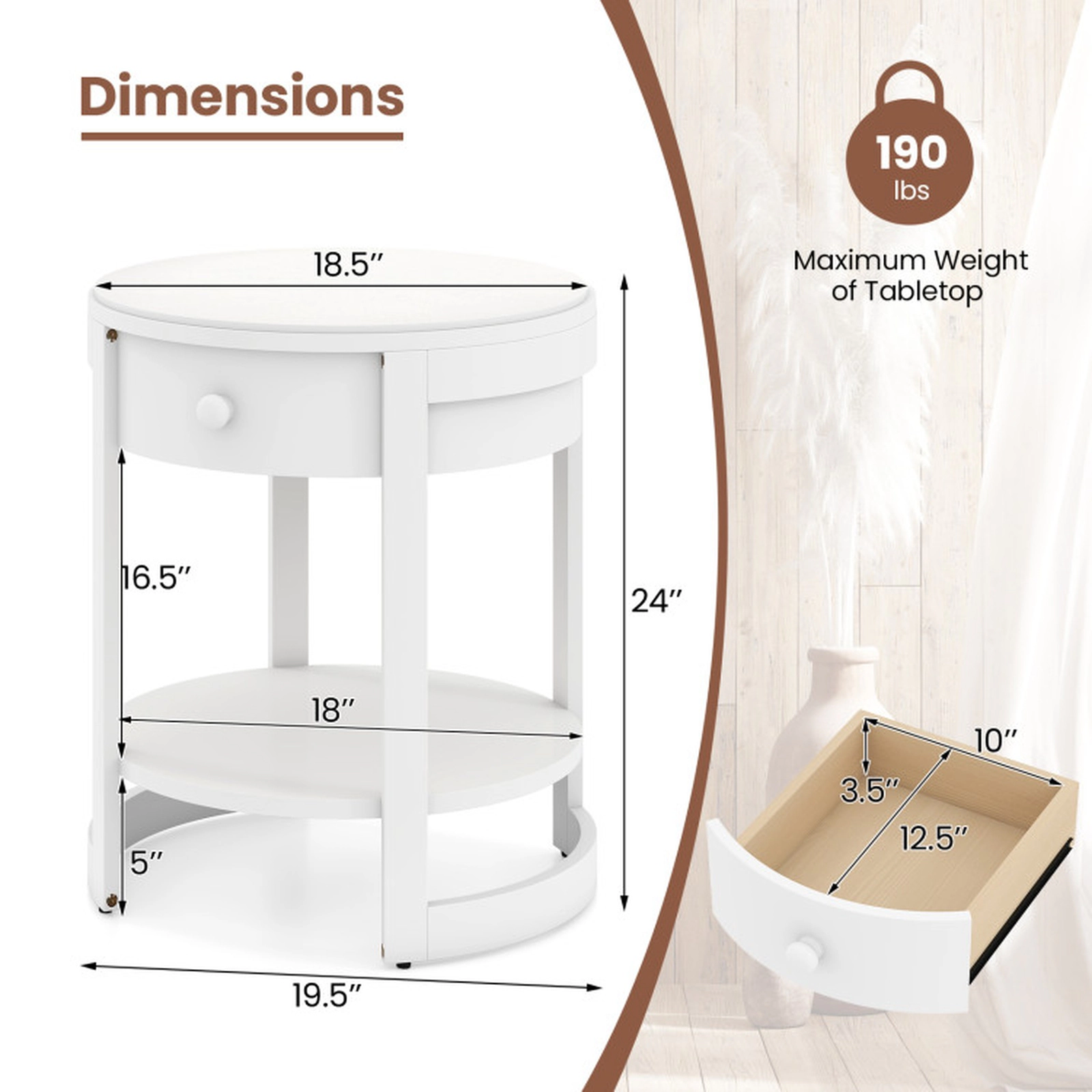 SUGIFT 2-Tier Round Drawer Open Shelf Modern Nightstand End Table 19.5-in x 19.5-in x 24-in 190-lb Capacity White