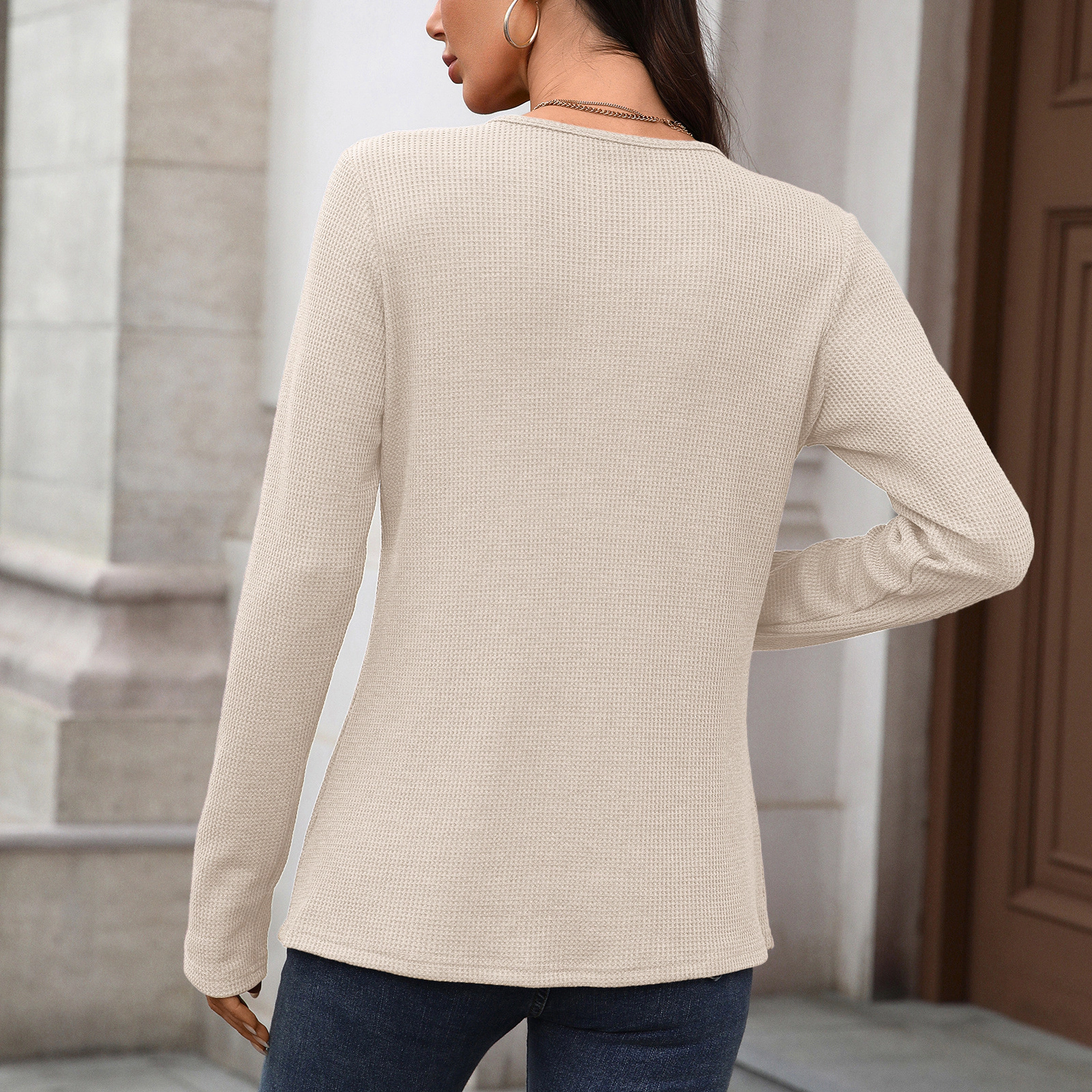 Enchanted Funland Womens Waffle Knit Henley Long Sleeve Button Notch Neck Tunic Tops